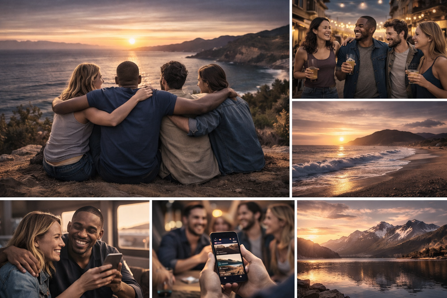 A collage of six photos shows friends enjoying sunset views at the beach and together. The main photo features four friends sitting on a cliff with arms around each other, watching the sunset over the ocean. Other images show friends drinking cocktails in a lively town, smiling while looking at a phone, taking a group selfie, the sunset over the beach, and mountains reflected in a lake at dusk.