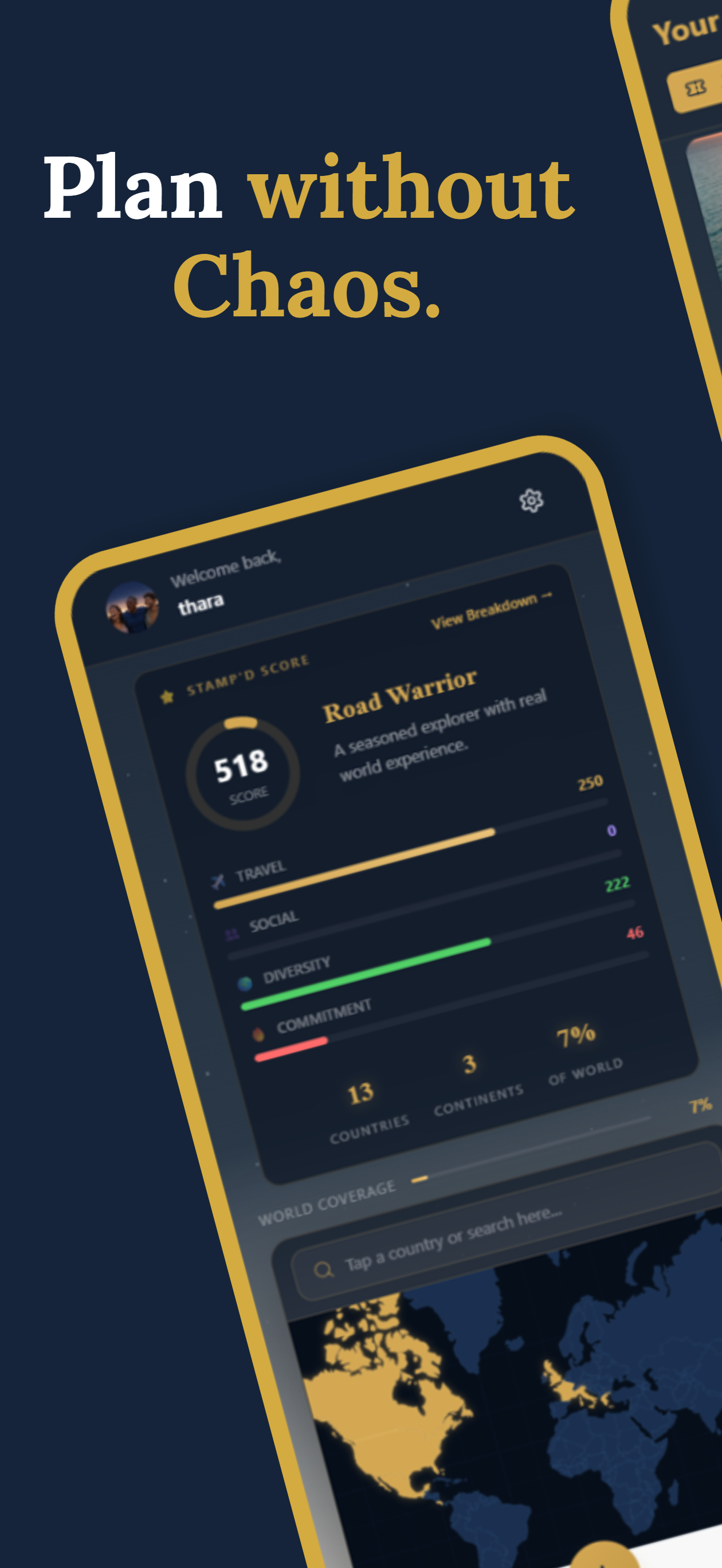 A smartphone screen displaying a world exploration app with a dark blue background and yellow accents. The app shows a profile named Thara, a score of 518, and various stats including travel, social, diversity, and commitment. There is a world map at the bottom with highlighted regions and a search bar for countries.