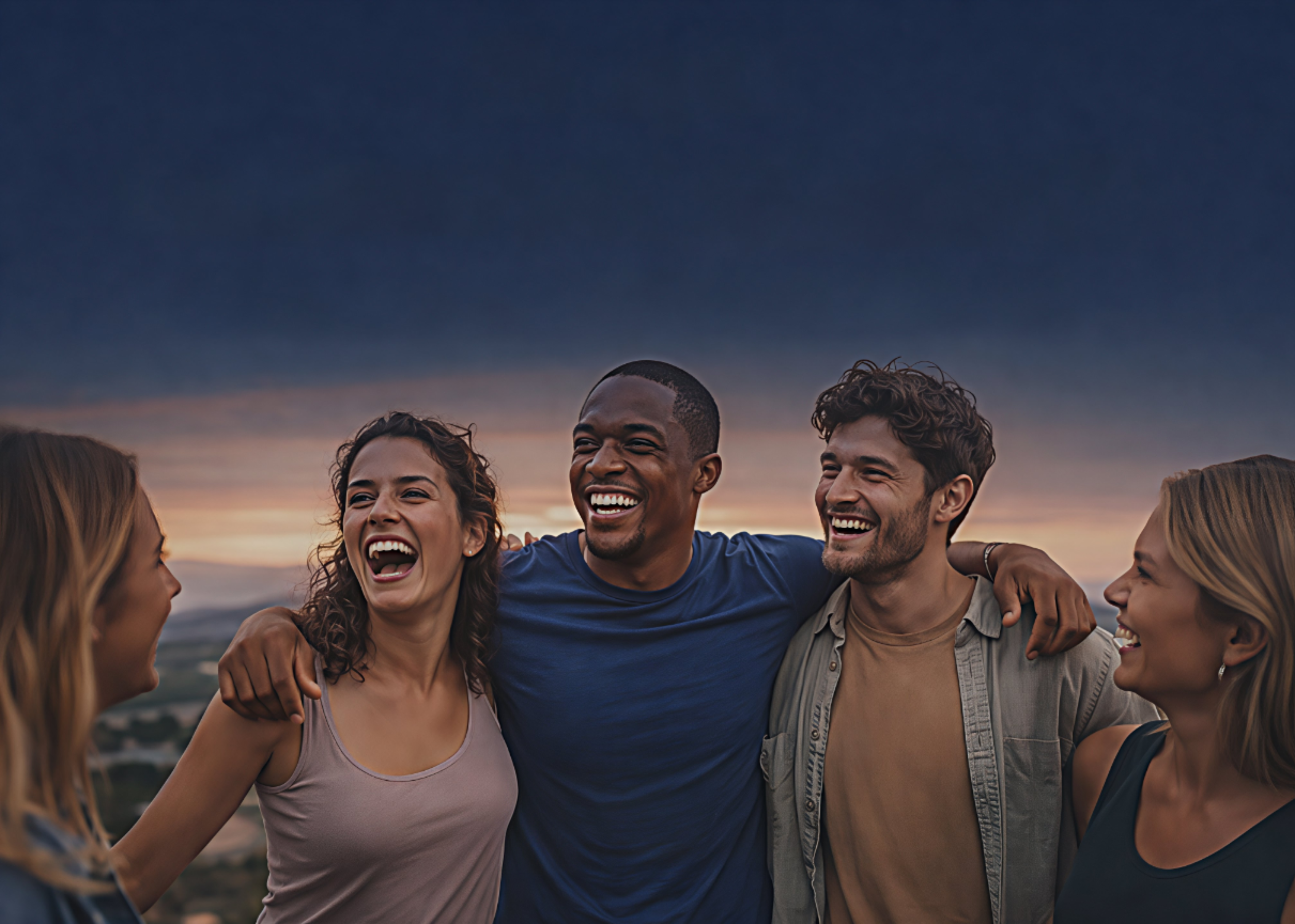 Group of five friends smiling and hugging outdoors at sunset.