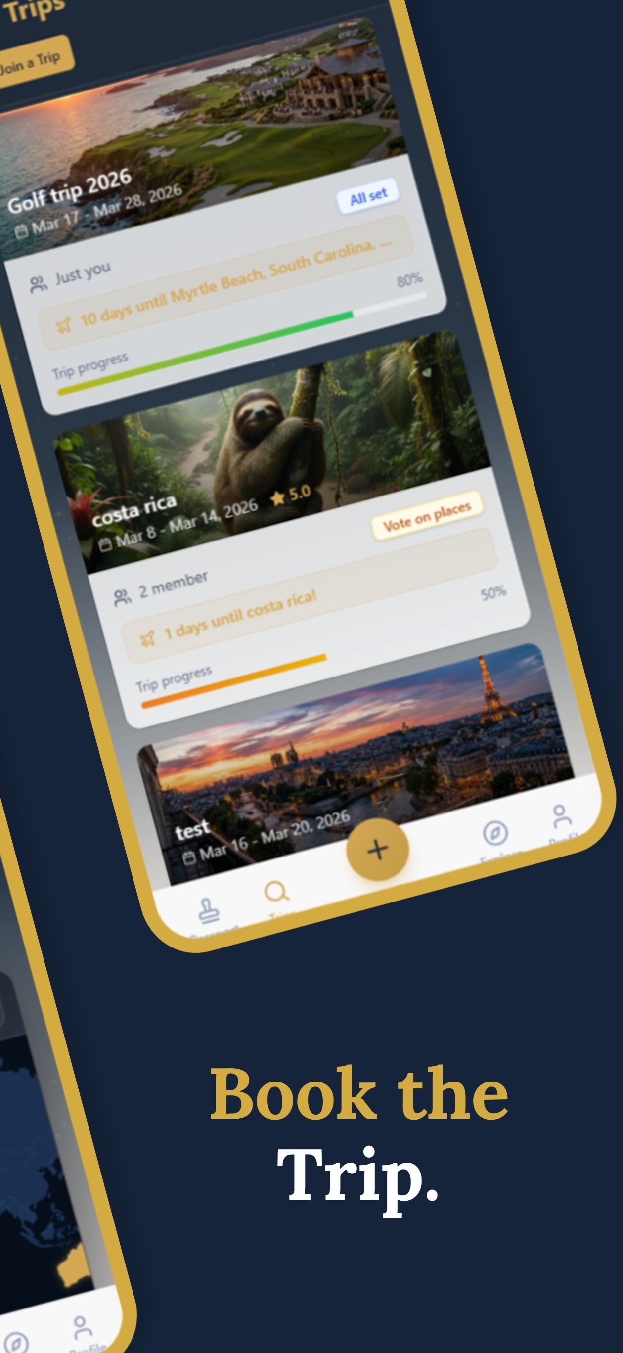 Mobile app screen showing trip planning details for multiple vacations including Myrtle Beach, South Carolina, Costa Rica, and Paris, with progress bars, dates, and options to join trips or vote on places.