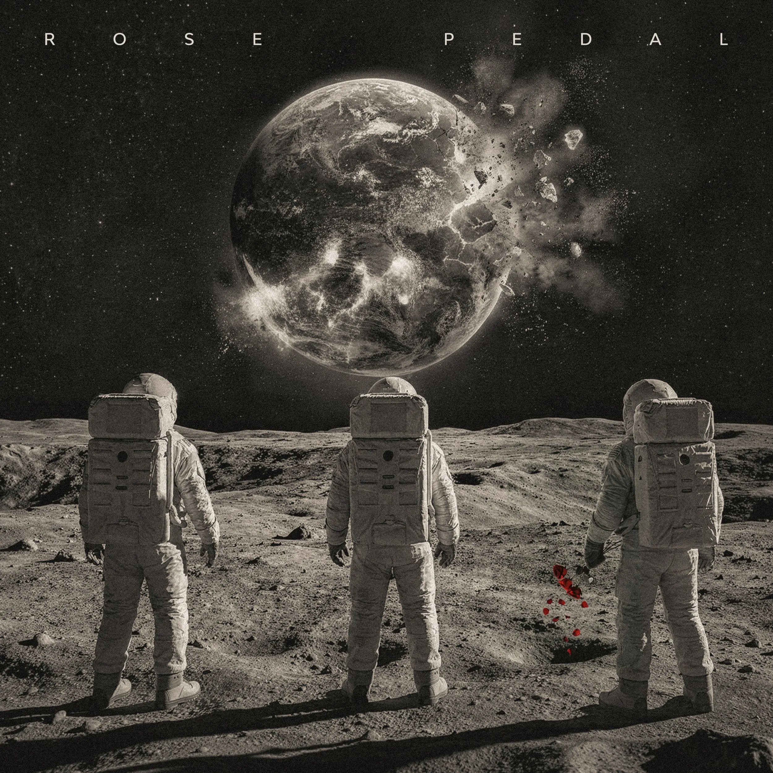 Rose Pedal - Indie Pop Band (stylized version of Rose Petal) - Album Cover. Three astronauts in spacesuits on the moon's surface watching Earth in space, with debris and explosions near the planet.