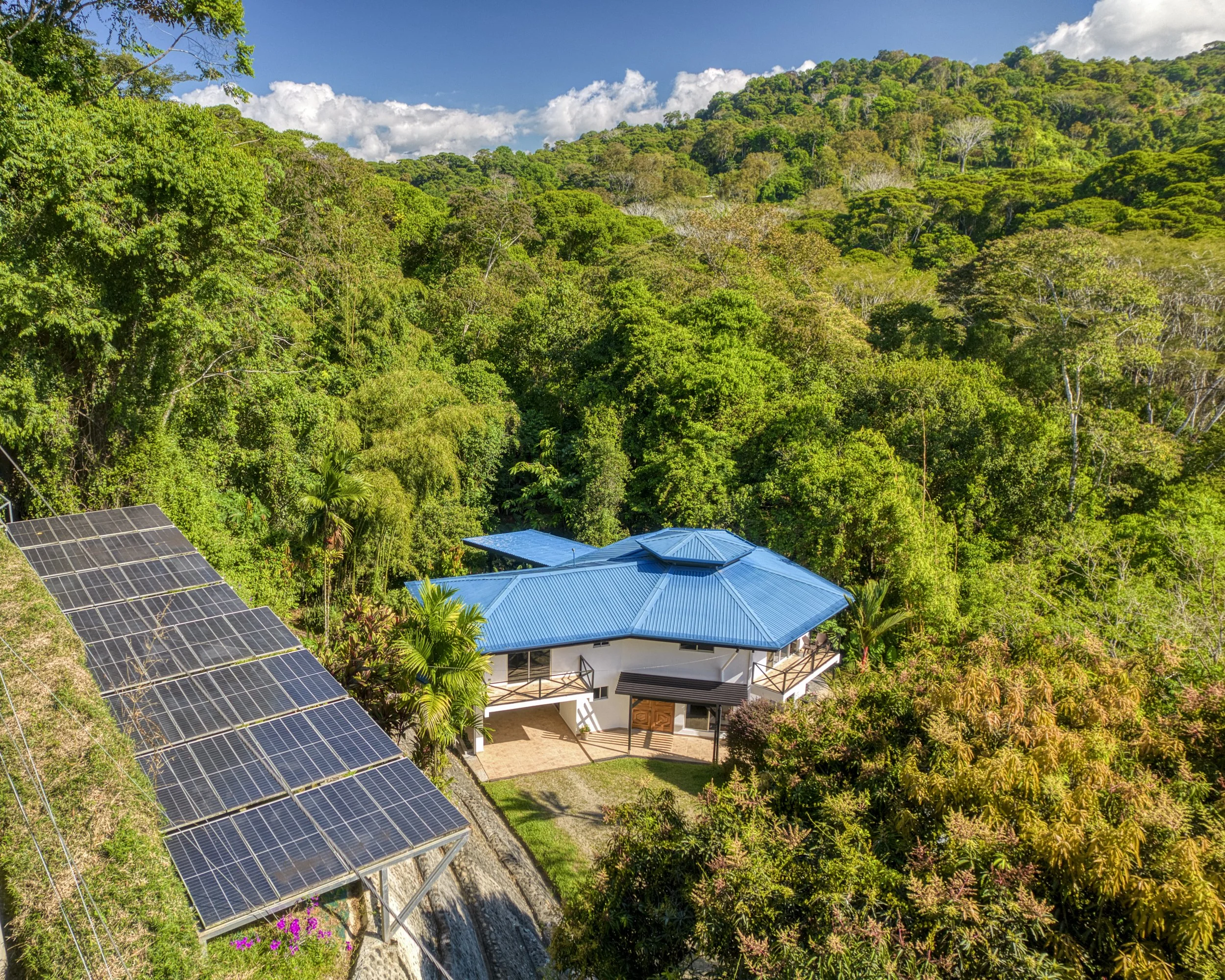 Solar panels installed outdoors next to a blue city water backup tank, surrounded by green trees and bushes.