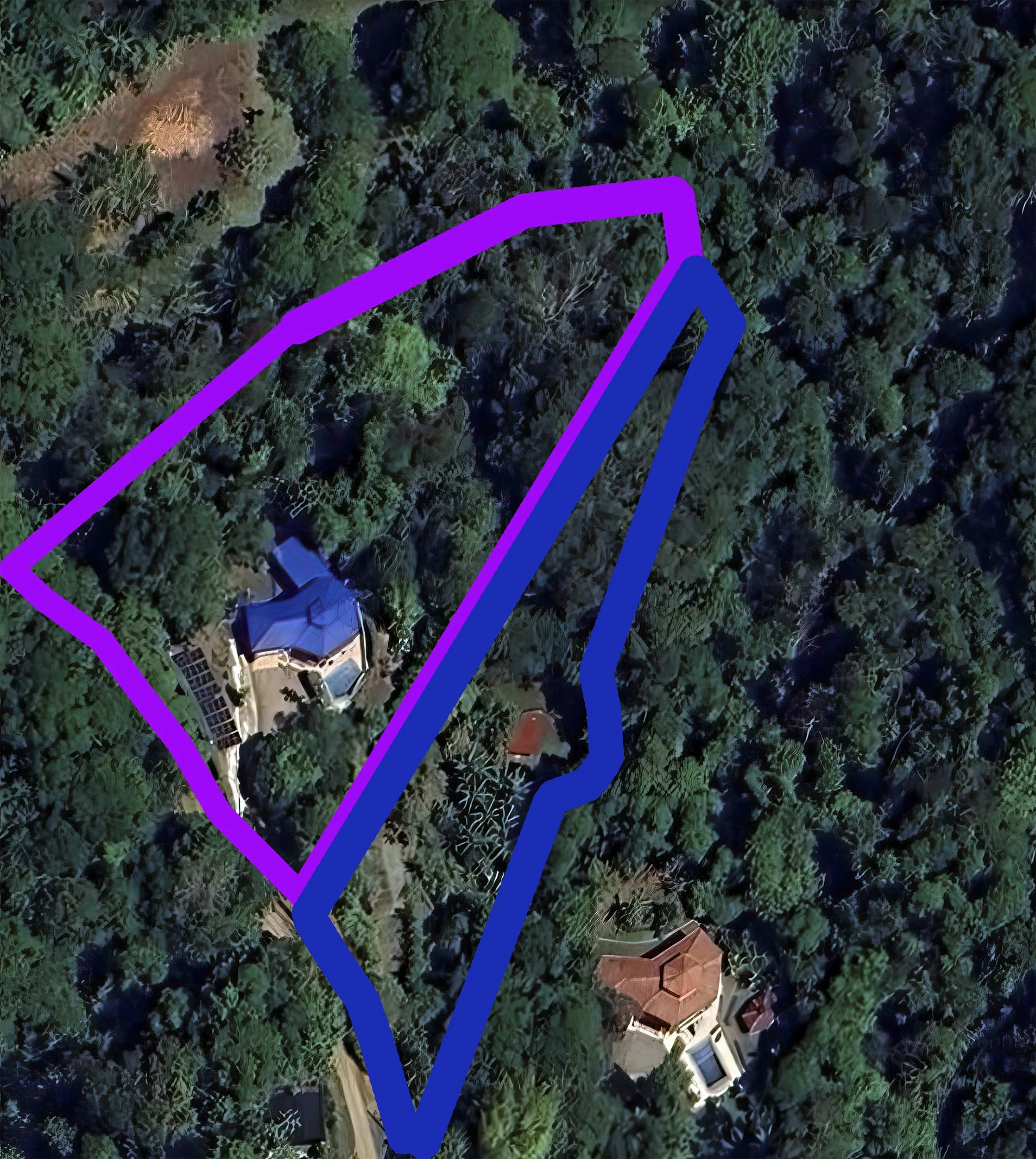 Private rainforest estate offering tranquility just minutes from Dominical and Uvita. The pink outline is the plot of the main residence; the blue outline shows approximate boundaries for plot 2.