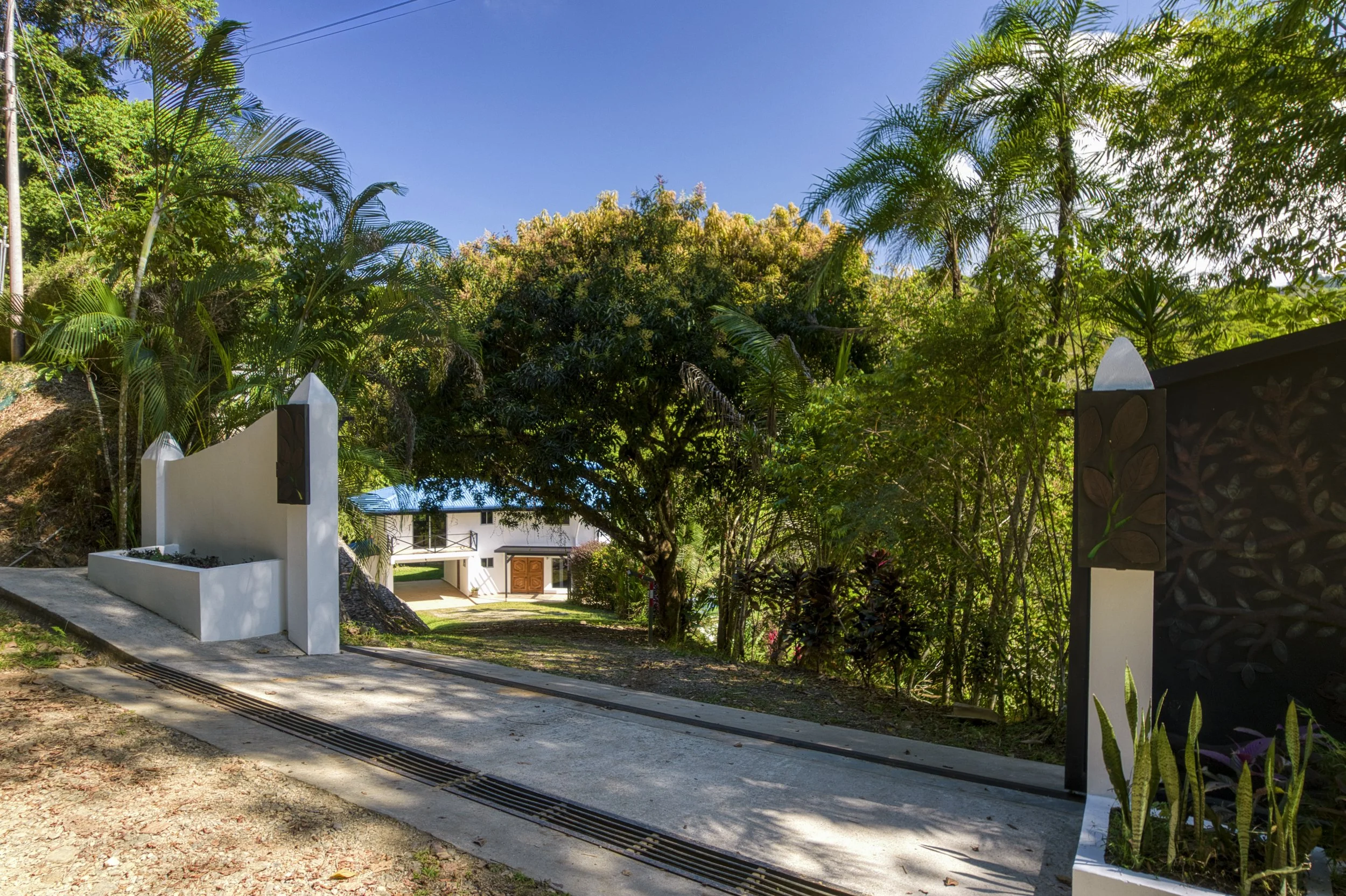The view of the home after the gate is opened. Approach to the home through tropical forest in Platanillo.