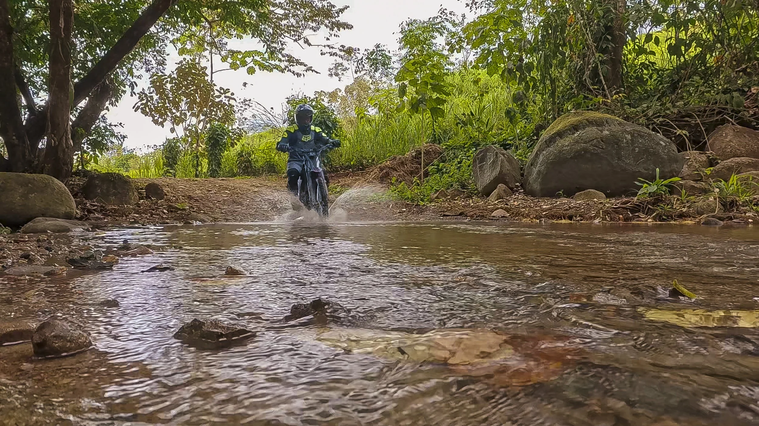 Motorcyclist riding through a shallow creek in a forested area with trees and rocks.