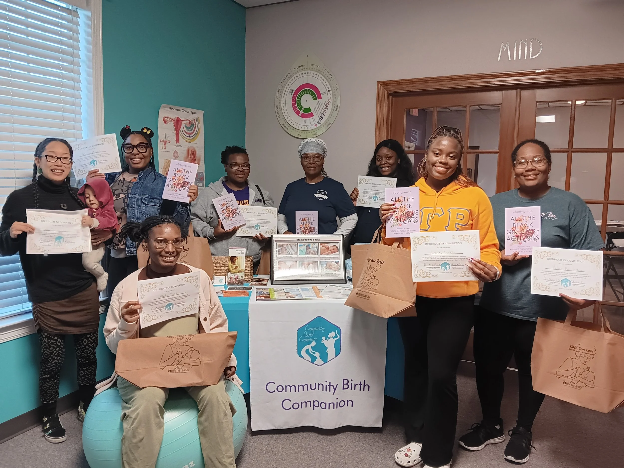 Group of black women showing their doula training certifications with the instructor.