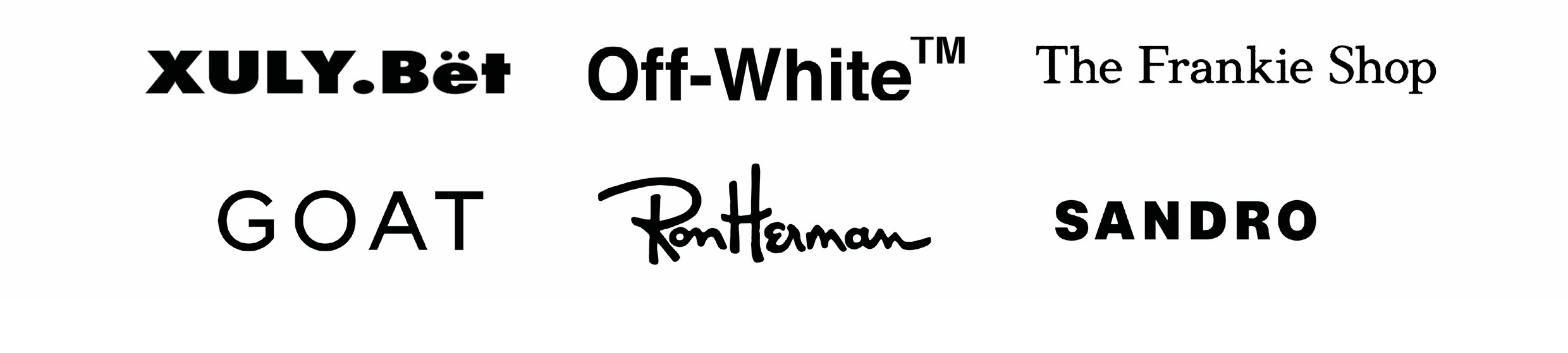 Collection de plusieurs logos de différentes marques de mode et accessoires, incluant XULY.Bët, Off-White, The Frankie Shop, GOAT, RomTerman, SANDRO, et d'autres.