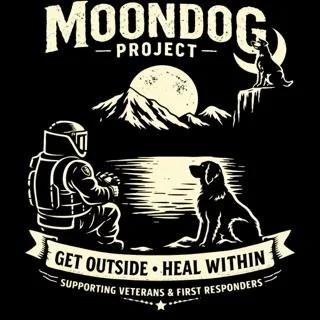 An illustration of an astronaut and a dog sitting by a lake at sunset with mountains and a full moon in the background. Text reads 'MOONDOG PROJECT', 'GET OUTSIDE - HEAL WITHIN', supporting veterans and first responders.