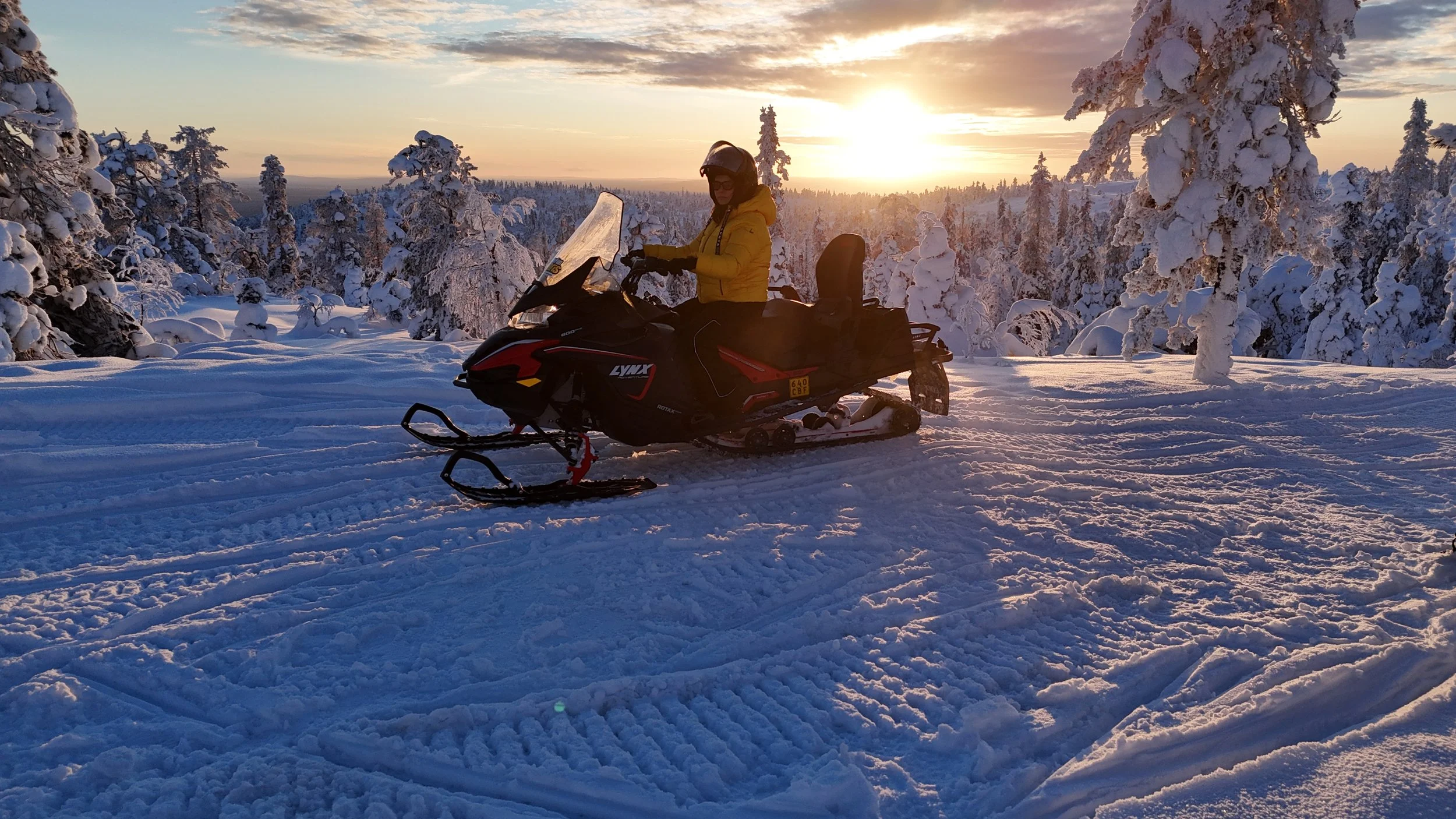 Person in yellow jacket and helmet sitting on a snowmobile in a snowy forest during sunset.