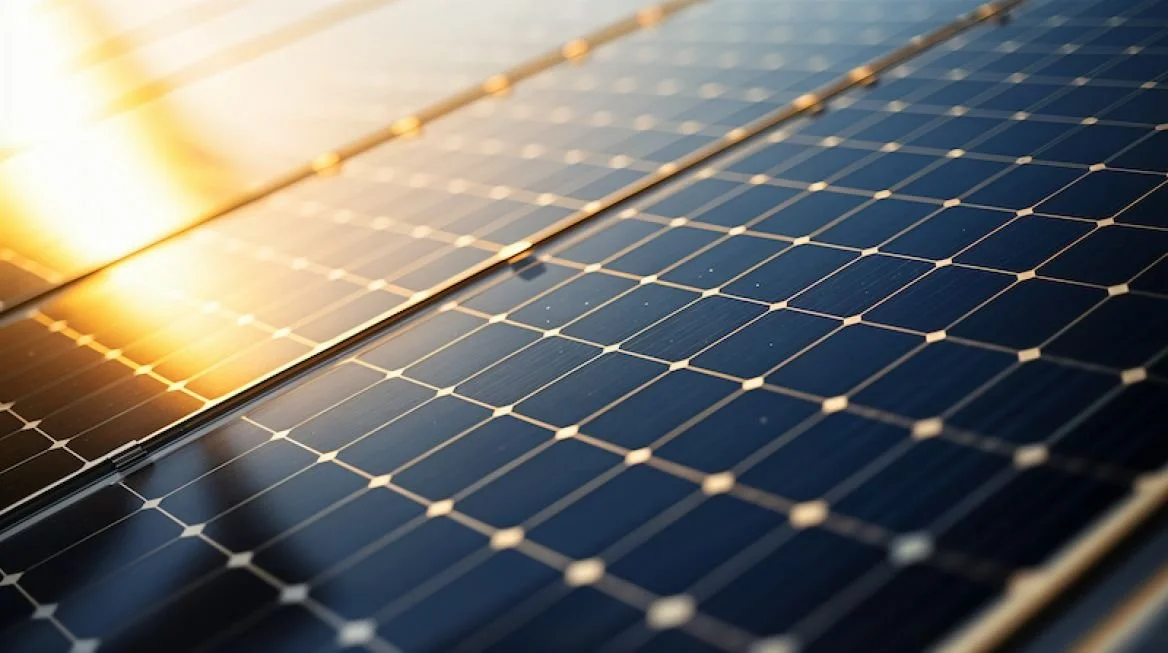 Close-up of solar panels reflecting sunlight.