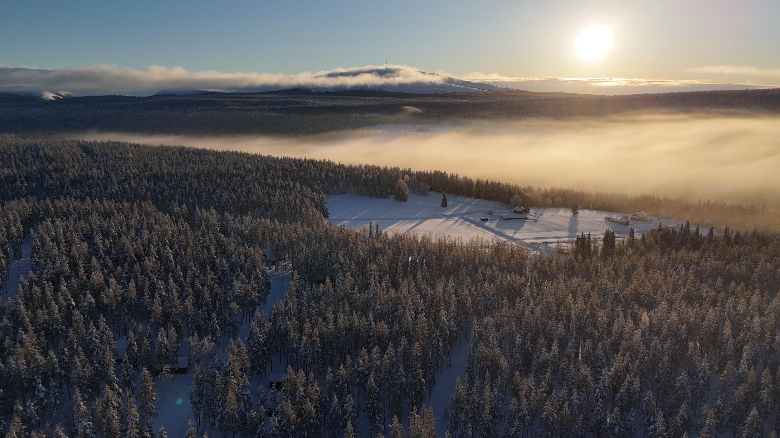 Aerial view shot by drone of a snowy forest with a few houses, fog over the trees, and a mountain in the background under a bright sun.