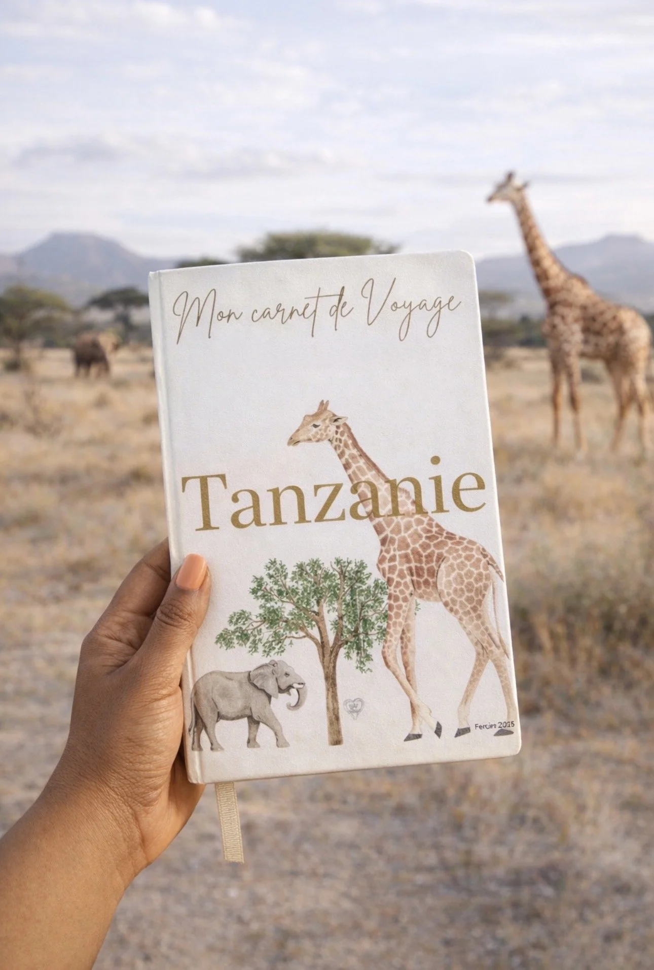 arnet de voyage Tanzanie, avec la savane et une girafe en arrière-plan, conçu par Terra Nova Travel Planner pour un itinéraire personnalisé et sécurisé