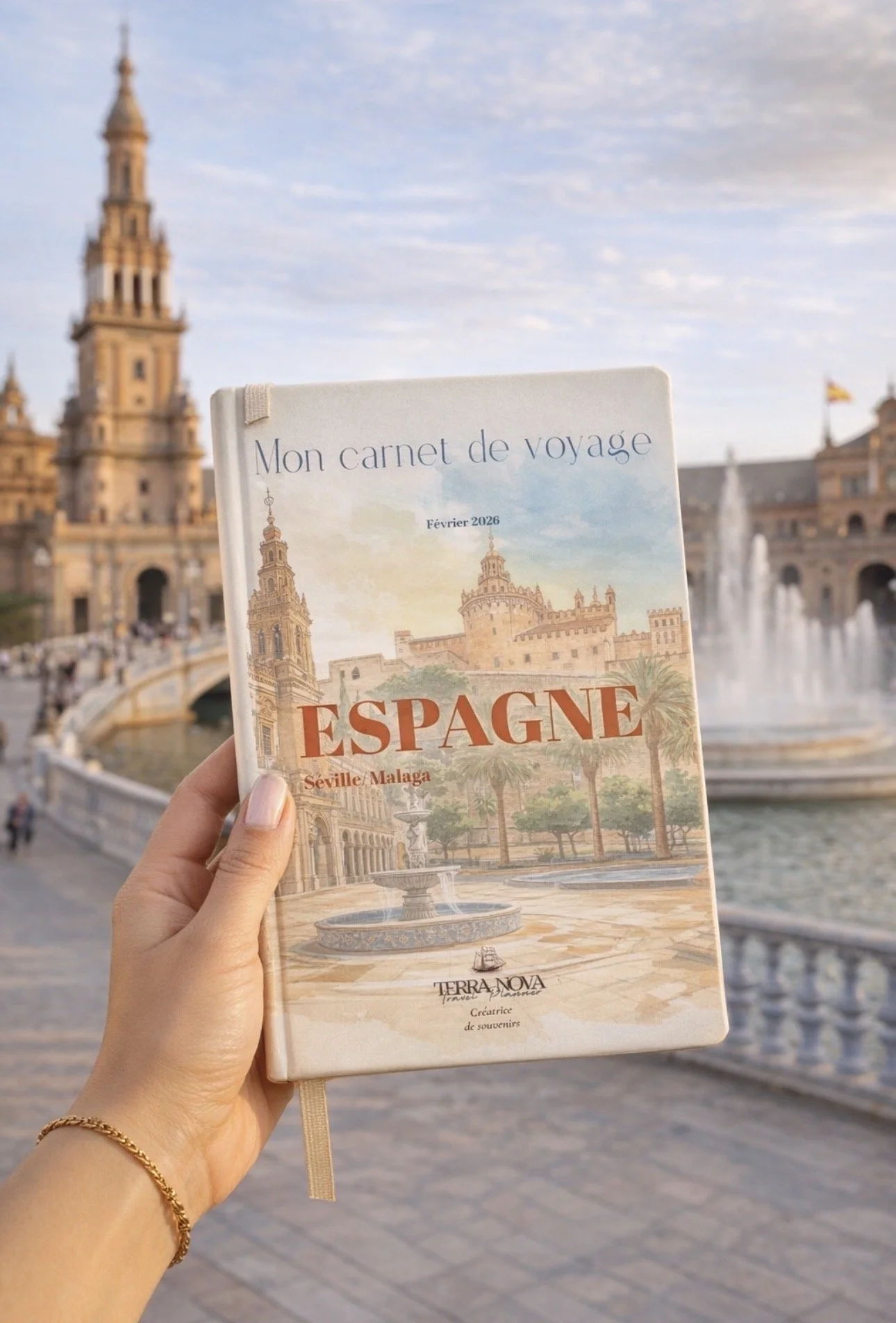 Carnet de voyage Espagne, devant la Plaza de España à Séville, créé par Terra Nova Travel Planner pour un itinéraire sur mesure et conseils personnalisés