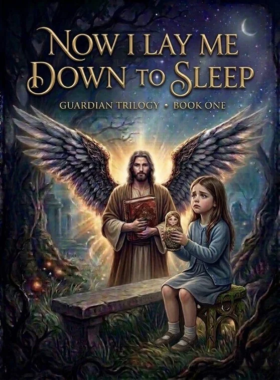 Book cover for 'Now I Lay Me Down to Sleep', Guardian Trilogy, Book One. Features an illustration of a young girl with long brown hair sitting on a stone bench outdoors at night, holding a doll. A man with large angel wings, long hair, and a beard stands behind her, holding a book, with a glowing light behind him. The background depicts a moonlit forest scene with trees, a starry sky, and a crescent moon.