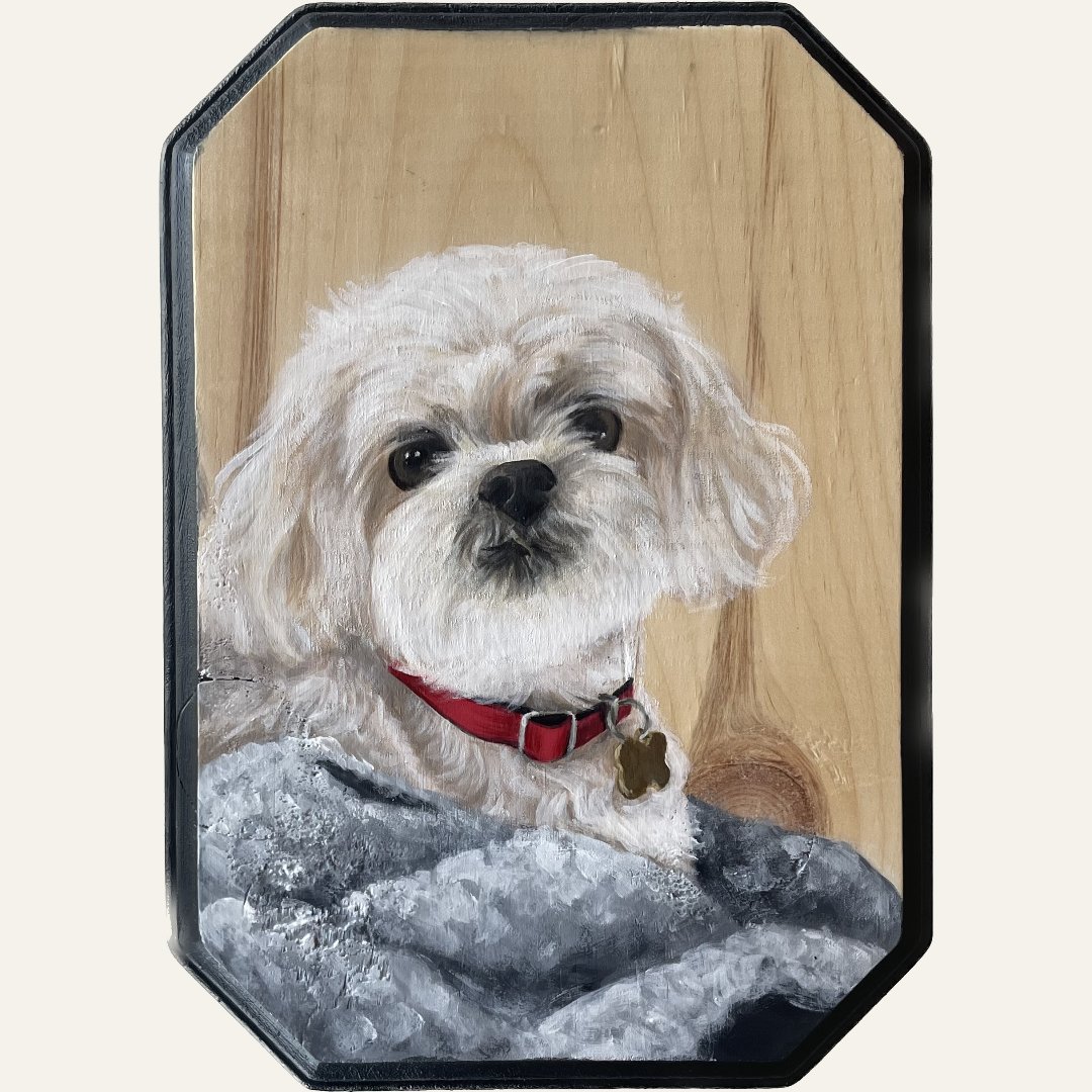 Portrait of a small, fluffy white dog with dark eyes and a black nose, wearing a red collar with a gold tag, painted on a framed canvas.
