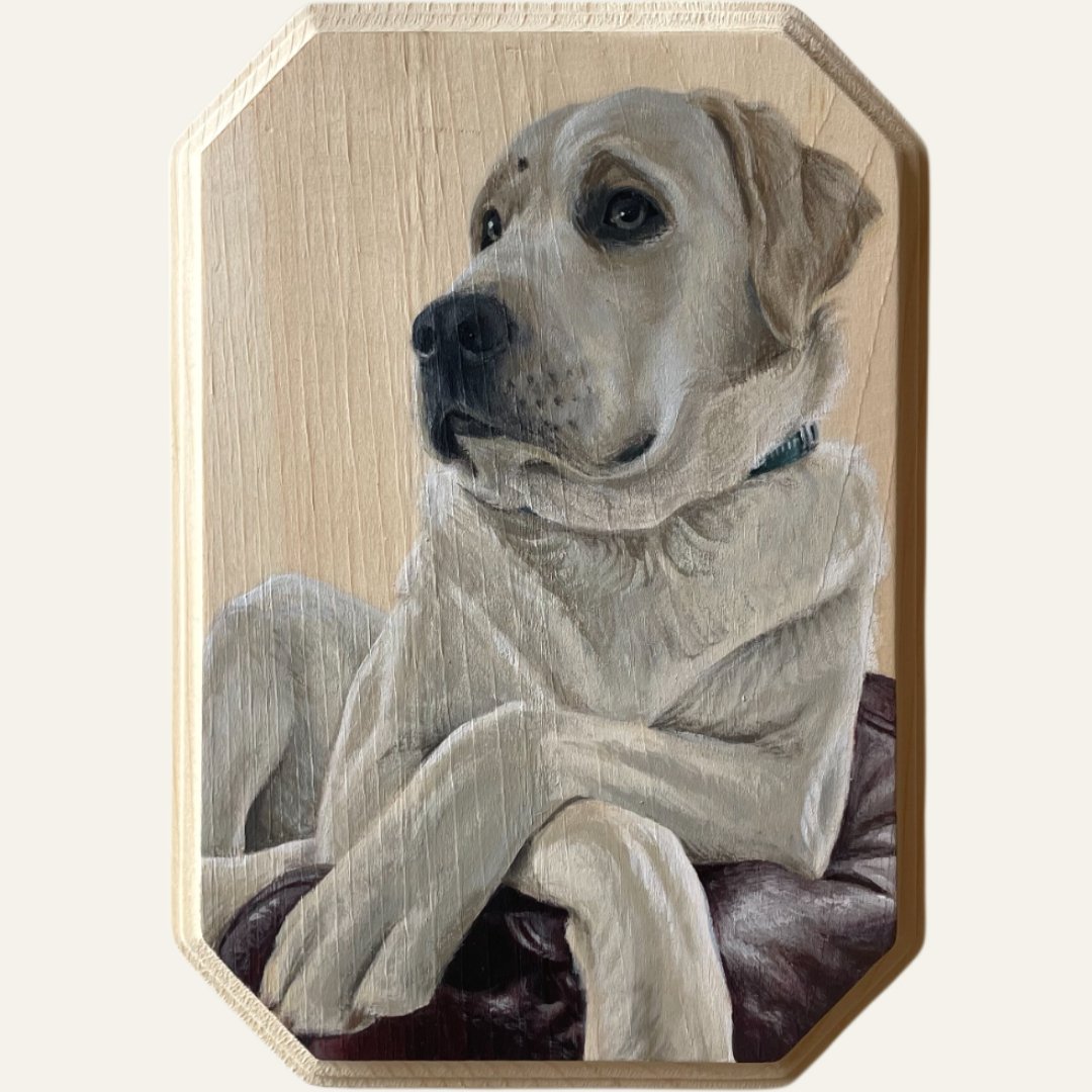 Painting of a dog with a humanoid body sitting on a brown couch, light-colored background.