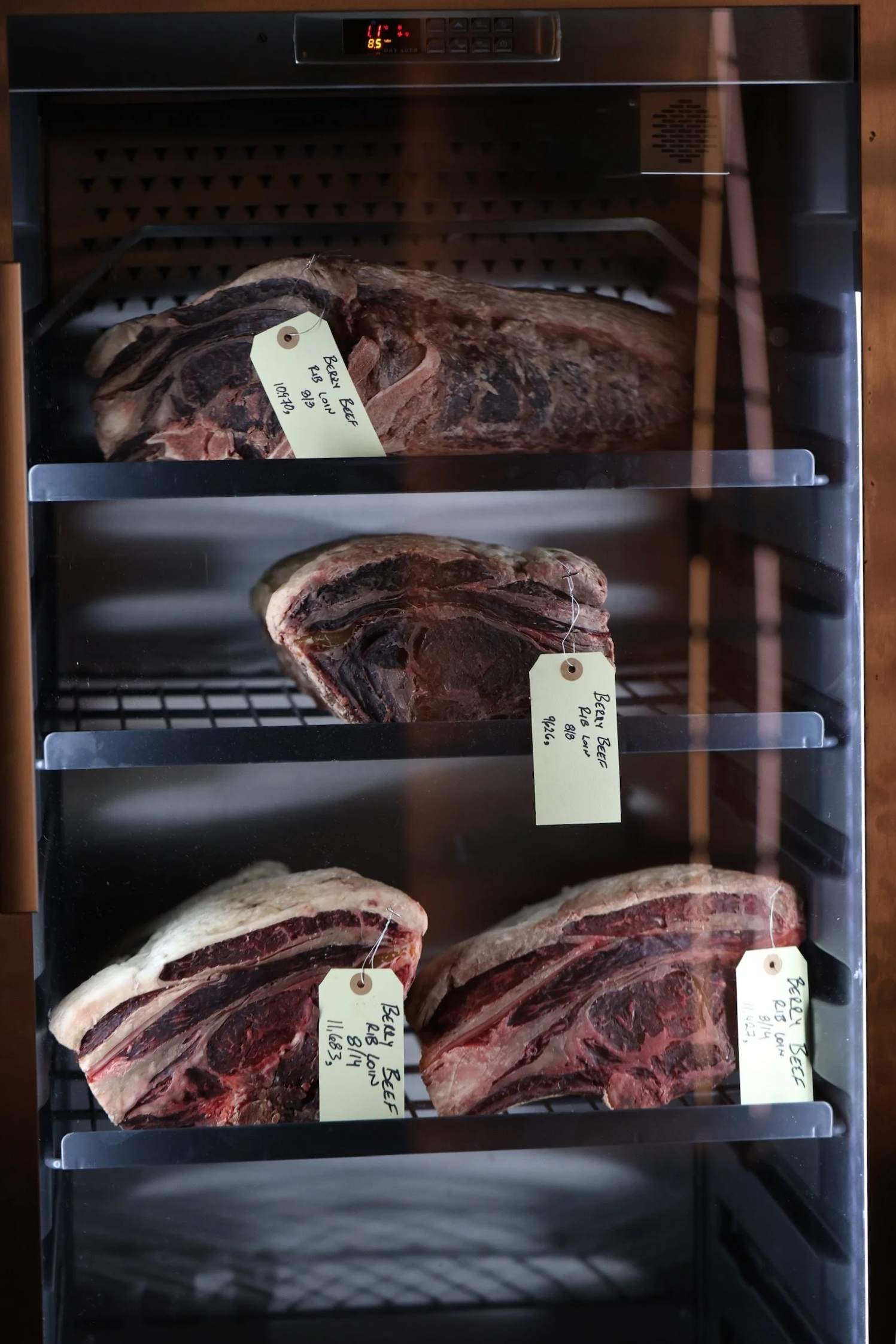 In-house dry-aged beef. We age select cuts ourselves, letting time do the work, concentrating flavor and deepening character. Occasionally, that means something like a 120-day dry-aged Berry Farms ribeye makes its way onto the menu.