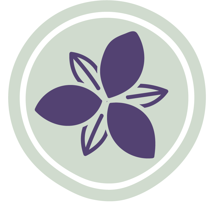 A circular badge featuring a dark purple herbal illustration on a light background, surrounded by a black outline.