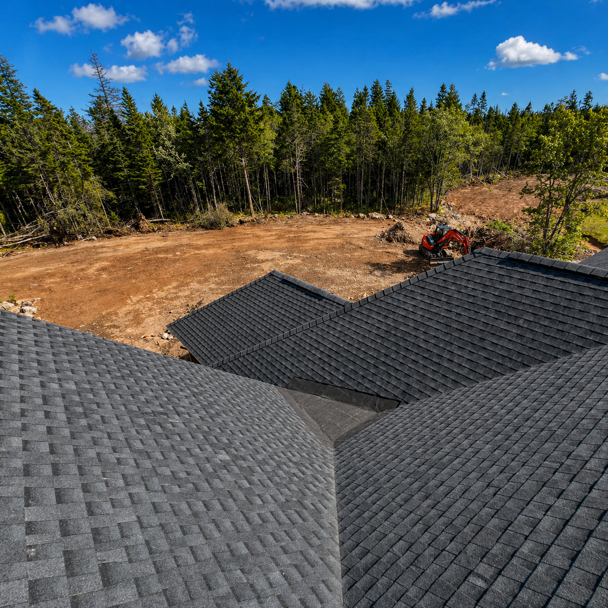 View from a rooftop showing newly built shingles, a dirt yard, and a forested area with a small construction vehicle near the trees under a partly cloudy blue sky.