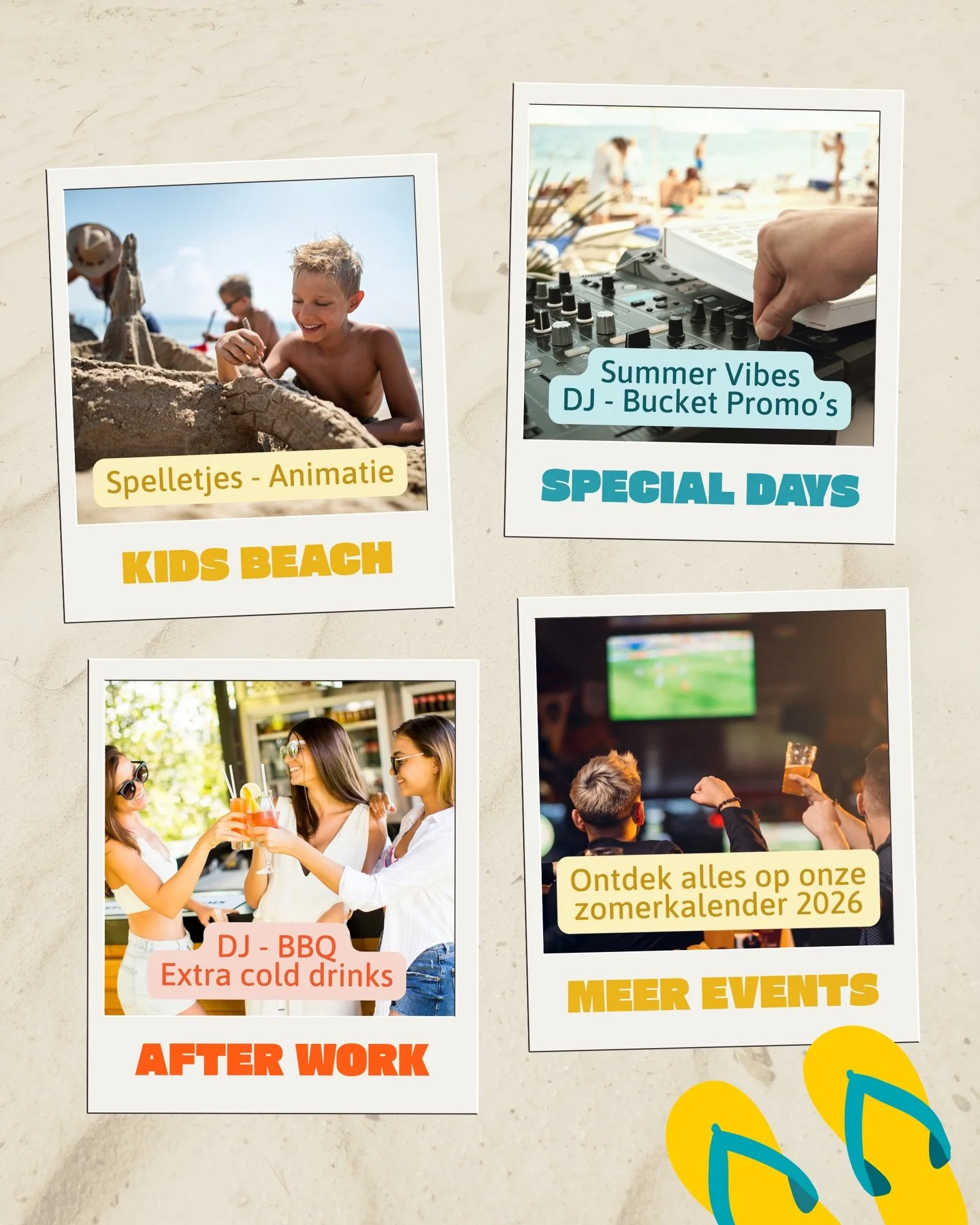Ontdek onze vaste zomeractiviteiten ☀️

In mei starten we met onze kids beach (zondag) en Salitos Beach (zaterdag). 🎧

Vanaf juni extra summer vibes op onze Afterwork (donderdag), met of zonder BBQ. 🍗

In juli en augustus zijn we elke dag open en g