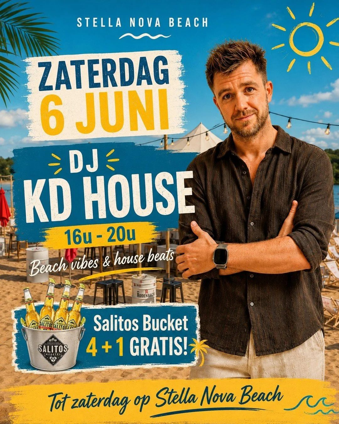 Deze zaterdag op Stella Nova Beach 🌞

We starten vanaf 12u met echte beach vibes, frisse drinks en een ontspannen sfeer aan het water.

Vanaf 16u tot 20u zorgt DJ KD House voor de juiste beats op de beach.

Extra genieten?
Salitos Bucket: 4 + 1 grat