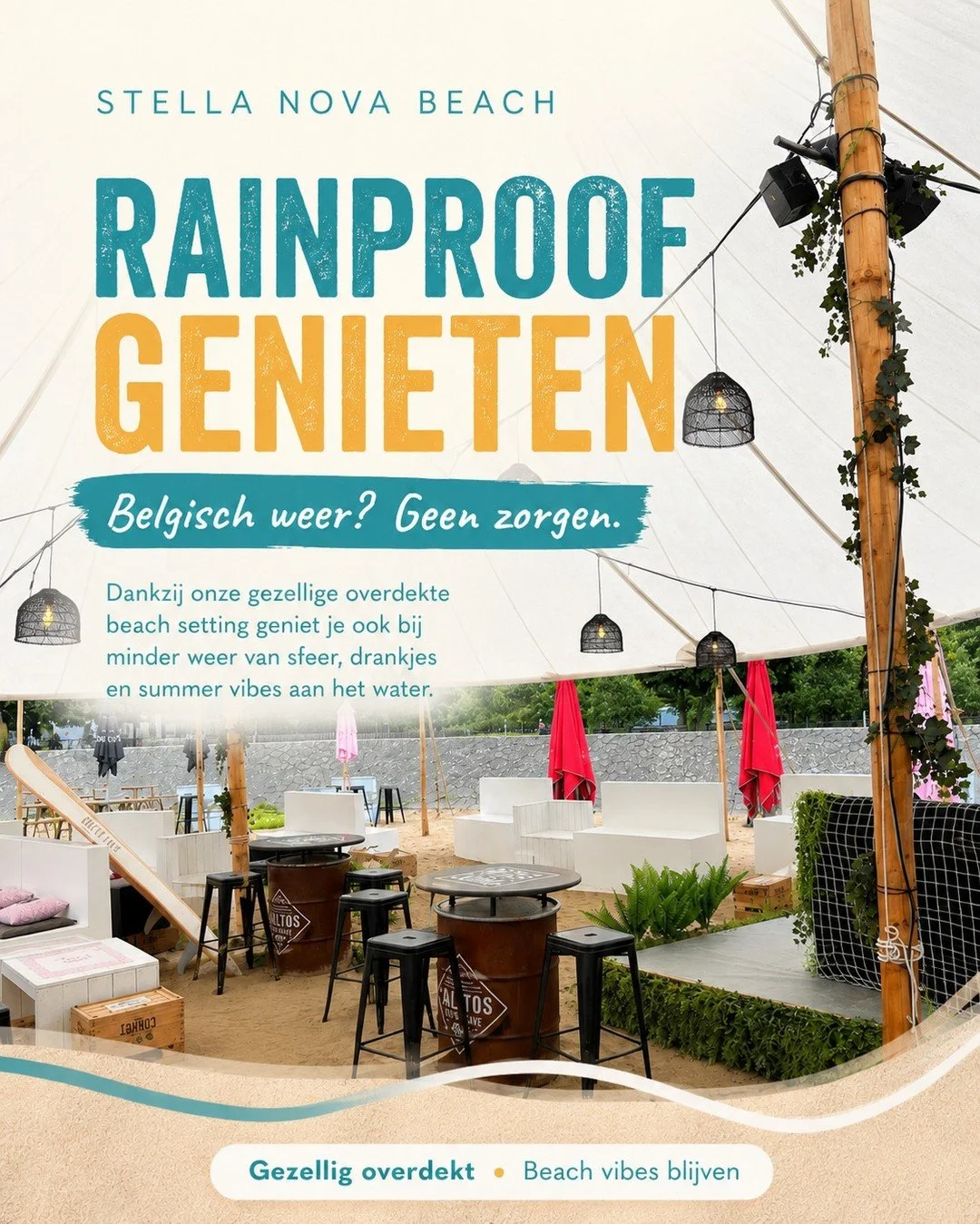 Belgisch weer? Geen zorgen, wij zijn er klaar voor ☁️🌴
Bij Stella Nova Beach blijf je gewoon genieten, ook als het weer even minder meezit.
Dankzij onze gezellige overdekte beach setting zit je droog &eacute;n sfeervol, met nog altijd die heerlijke 