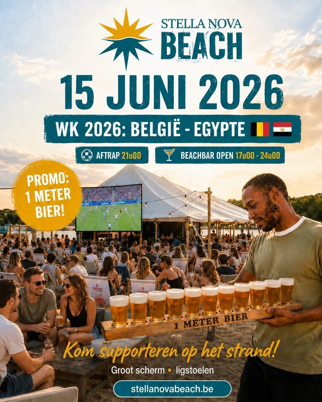 Supporteren op het strand? Dat doen we bij Stella Nova Beach! ⚽🌴

Op 15 juni kijken we samen naar WK 2026: Belgi&euml; - Egypte op groot scherm.

Kom vooraf gezellig iets eten en maak er meteen een volledige beach avond van. Geniet van een lekkere p