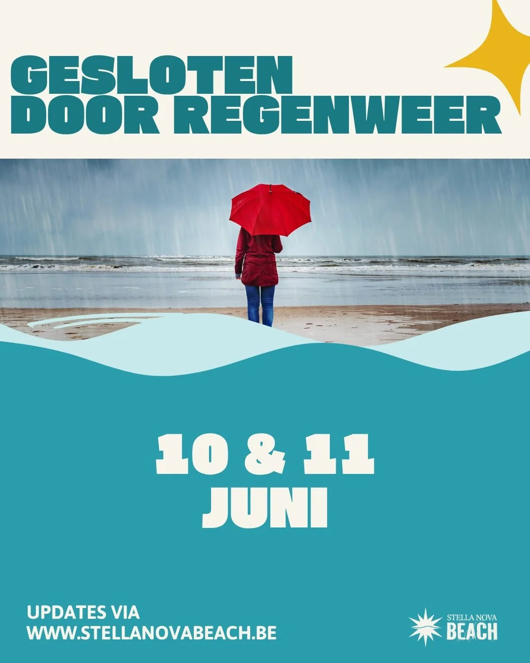 🌦️ Helaas gesloten wegens het slechte weer komende dagen.

Door de voorspelde regen en frisse temperaturen blijft Stella Nova Beach op woensdag en donderdag gesloten.

Voor vrijdag houden we de weersvoorspellingen nog even in de gaten. 🤞

Onder voo
