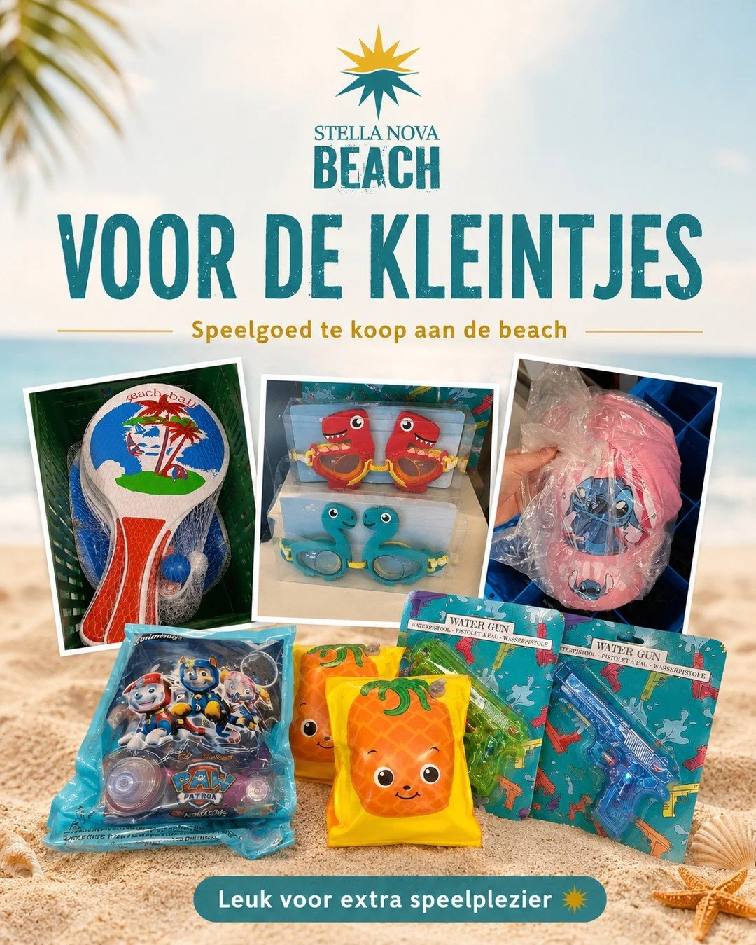 Voor de kleine beach lovers 🌞

Ook aan de kleintjes is gedacht bij Stella Nova Beach.
Van zwembrilletjes en waterpistolen tot strandspelletjes en leuke extra&rsquo;s.

Perfect voor nog meer speelplezier aan het water.
Te koop op de beach.