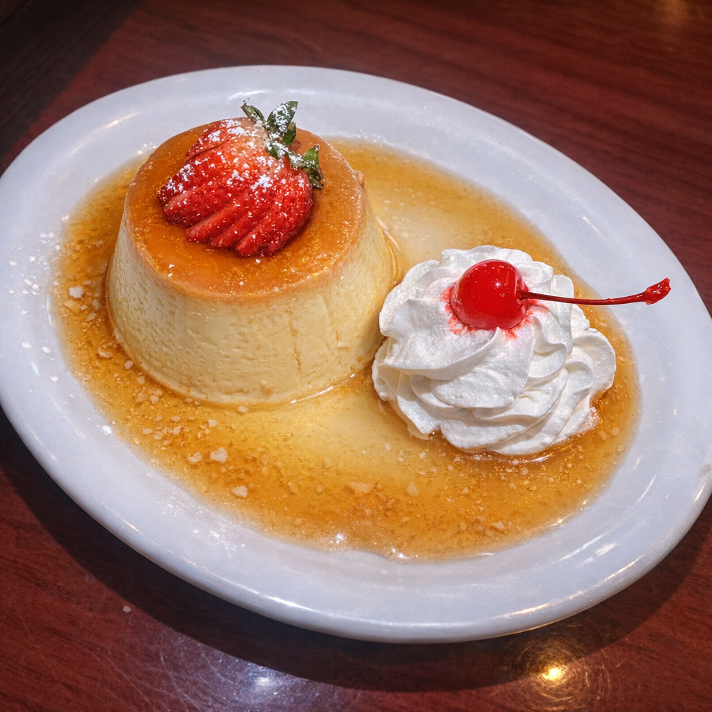 A plate of caramel flan garnished with a strawberry on top and whipped cream with a cherry, served with caramel sauce.