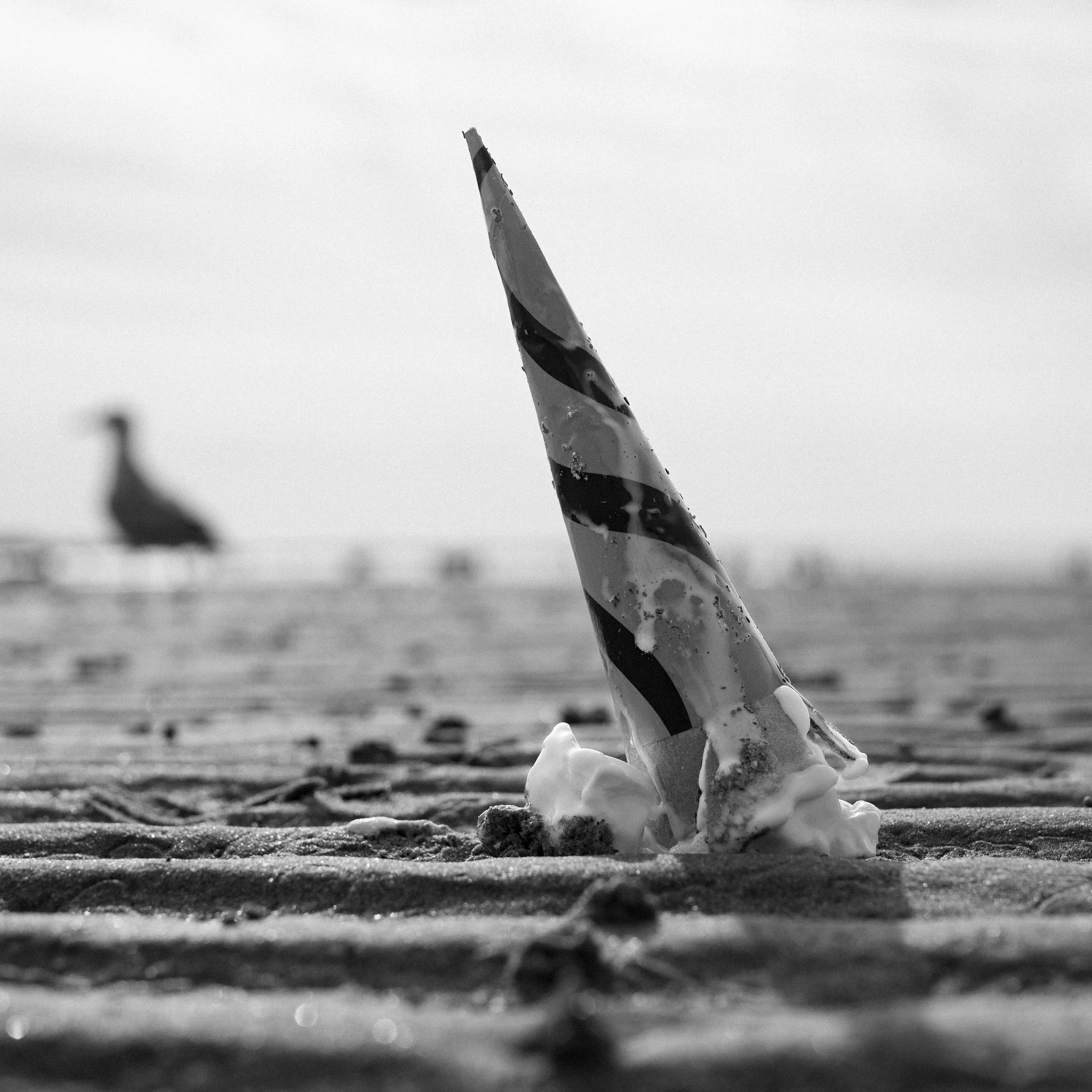 Close-up of a diary with ice cream on the sand at the beach, with a seagull in the background. Ice cream dropped on Margate beach.