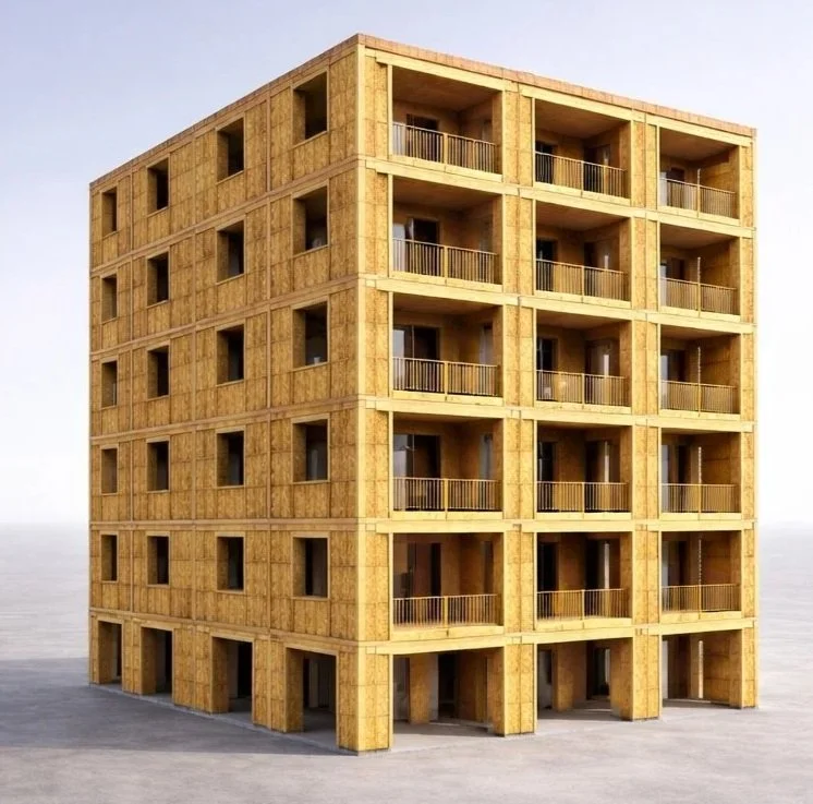 Edificio di legno a quattro piani con balconi e aperture rettangolari.