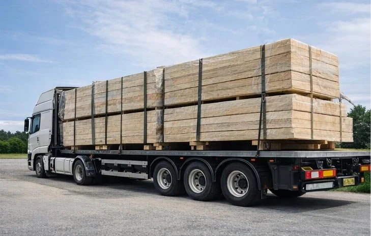 Trasporto su camion dei moduli Joko System: pannelli prefabbricati in legno e paglia consegnati direttamente in cantiere