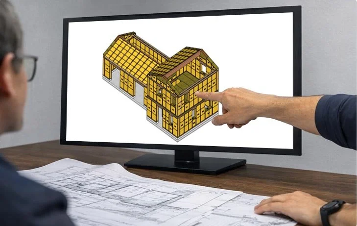 Progettazione BIM Joko System: modello strutturale 3D di un edificio in legno e paglia