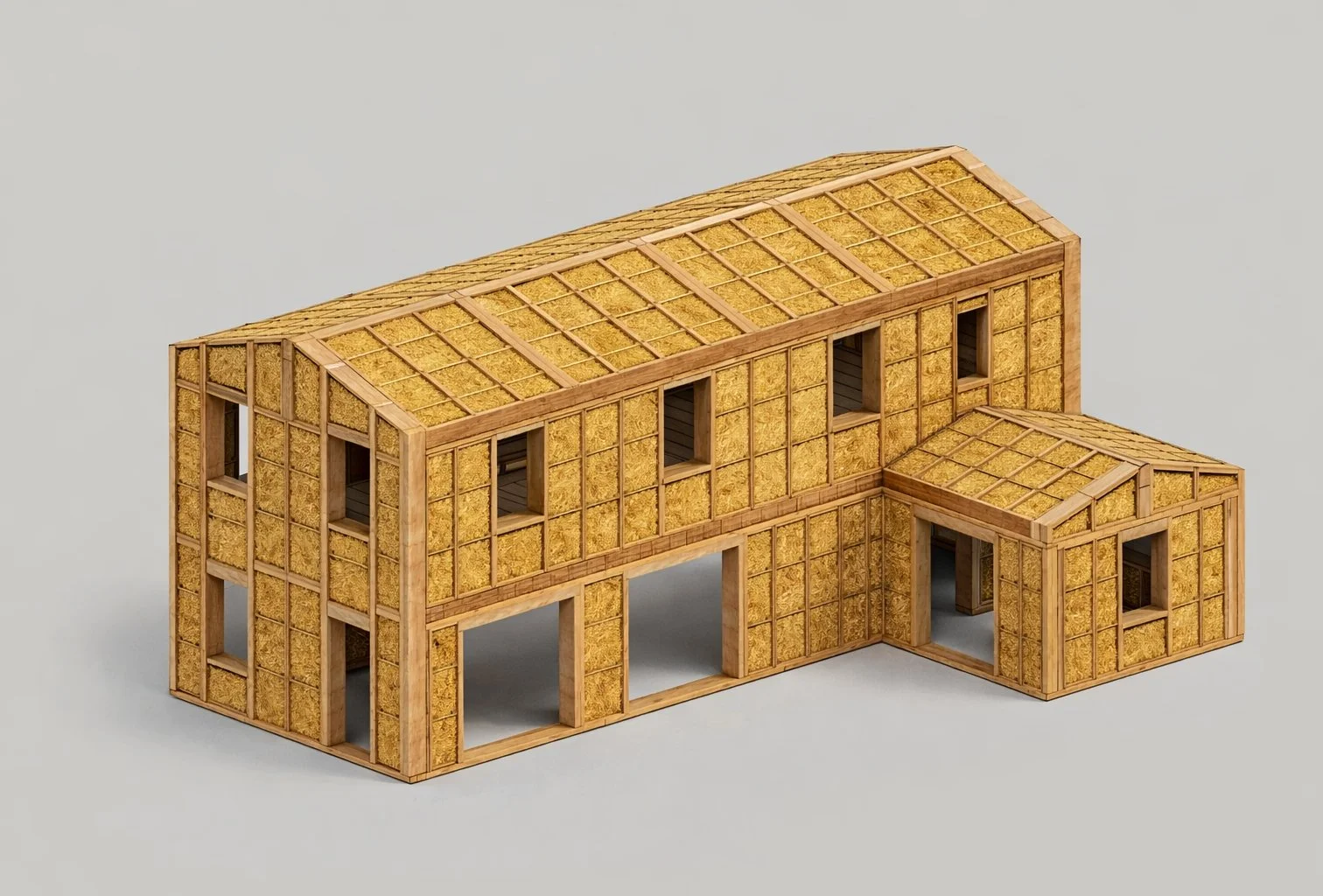 Modello di casa in costruzione con struttura di legno e isolamento in pannelli isolanti.