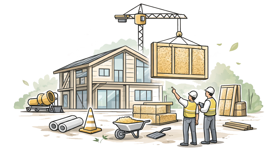 Cantiere edile con due operai che discutono, gru che solleva un pannello di isolamento, materiali da costruzione, e una casa in costruzione.