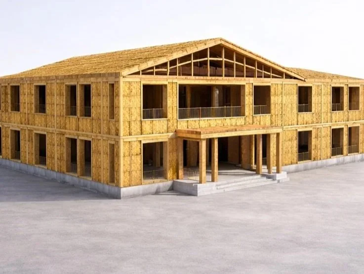 Edificio in costruzione con struttura di legno e piani sovrapposti, senza finestre o rivestimento esterno