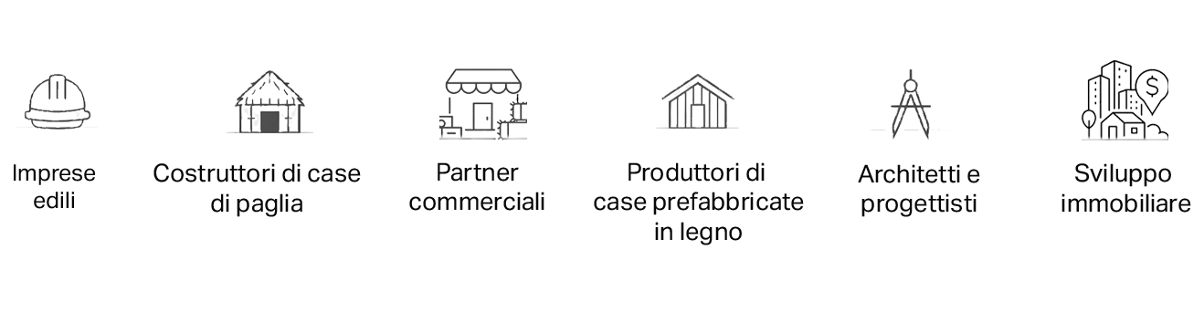 Sei icone in fila rappresentano diversi settori: impresa edile, costruttori di case di paglia, partner commerciali, produttori di case in legno, architetti e progettisti, sviluppo immobiliare.