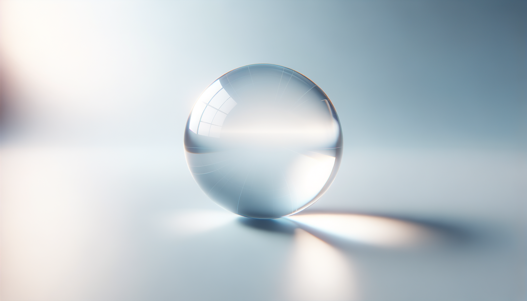 A transparent glass sphere on a light surface reflecting a window with grid panes.