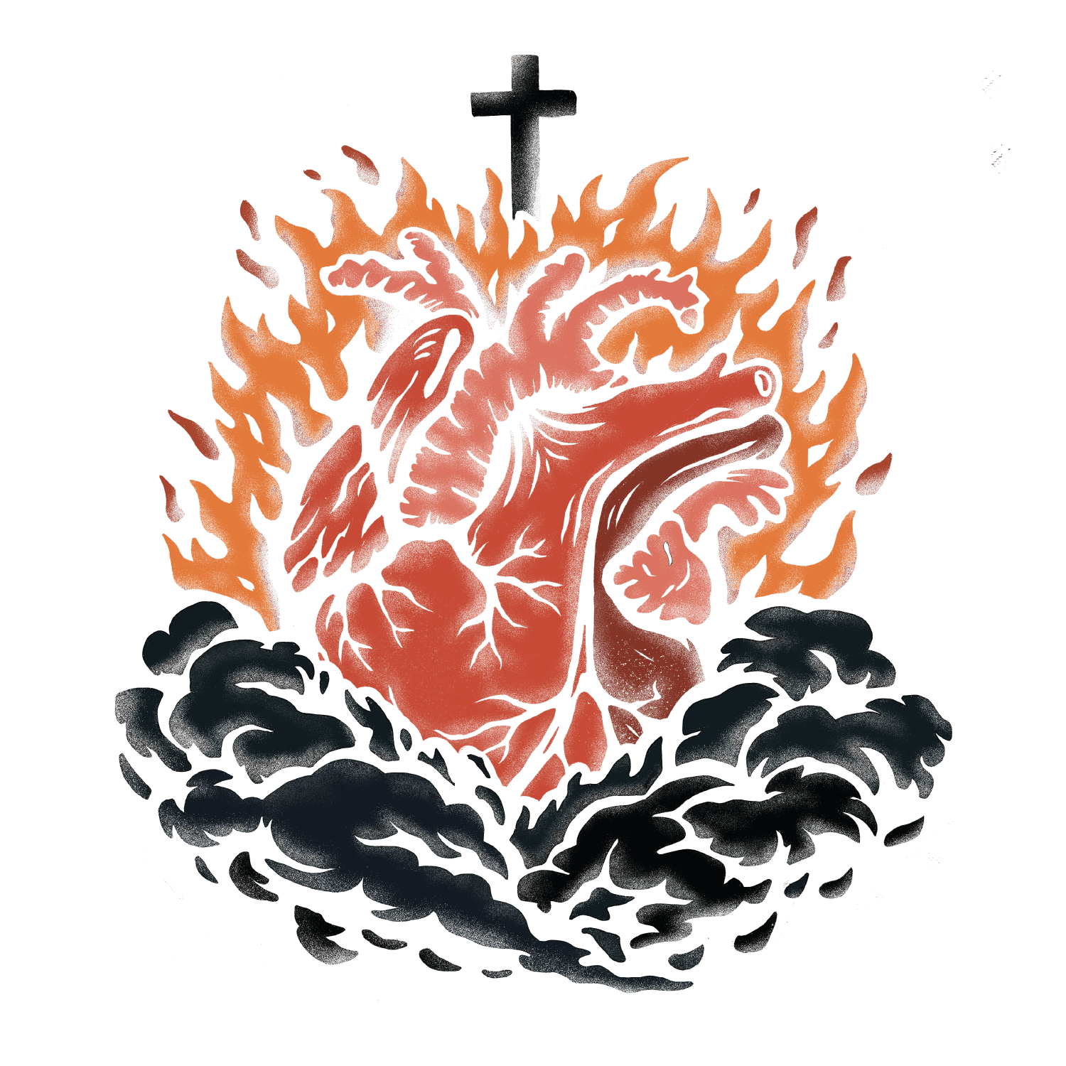 An illustration of a human heart surrounded by flames and black clouds, with a fiery background.
