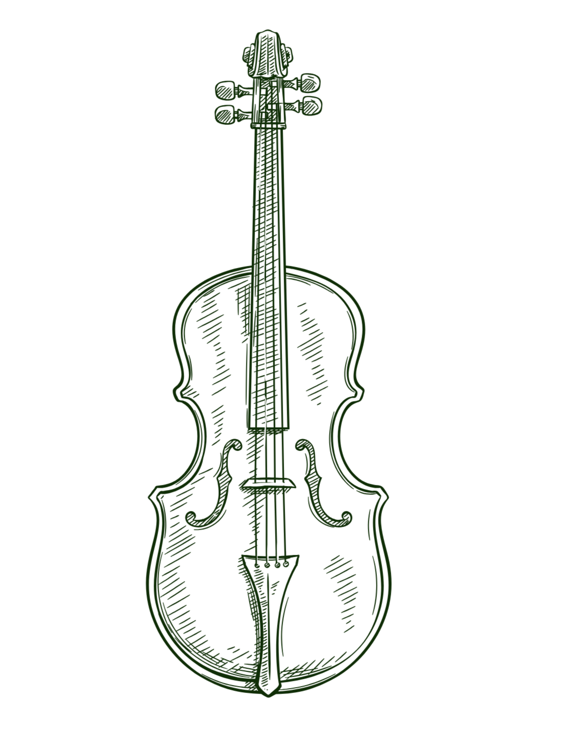 Grünes Linienzeichnung eines Geigenkörpers vor schwarzem Hintergrund.