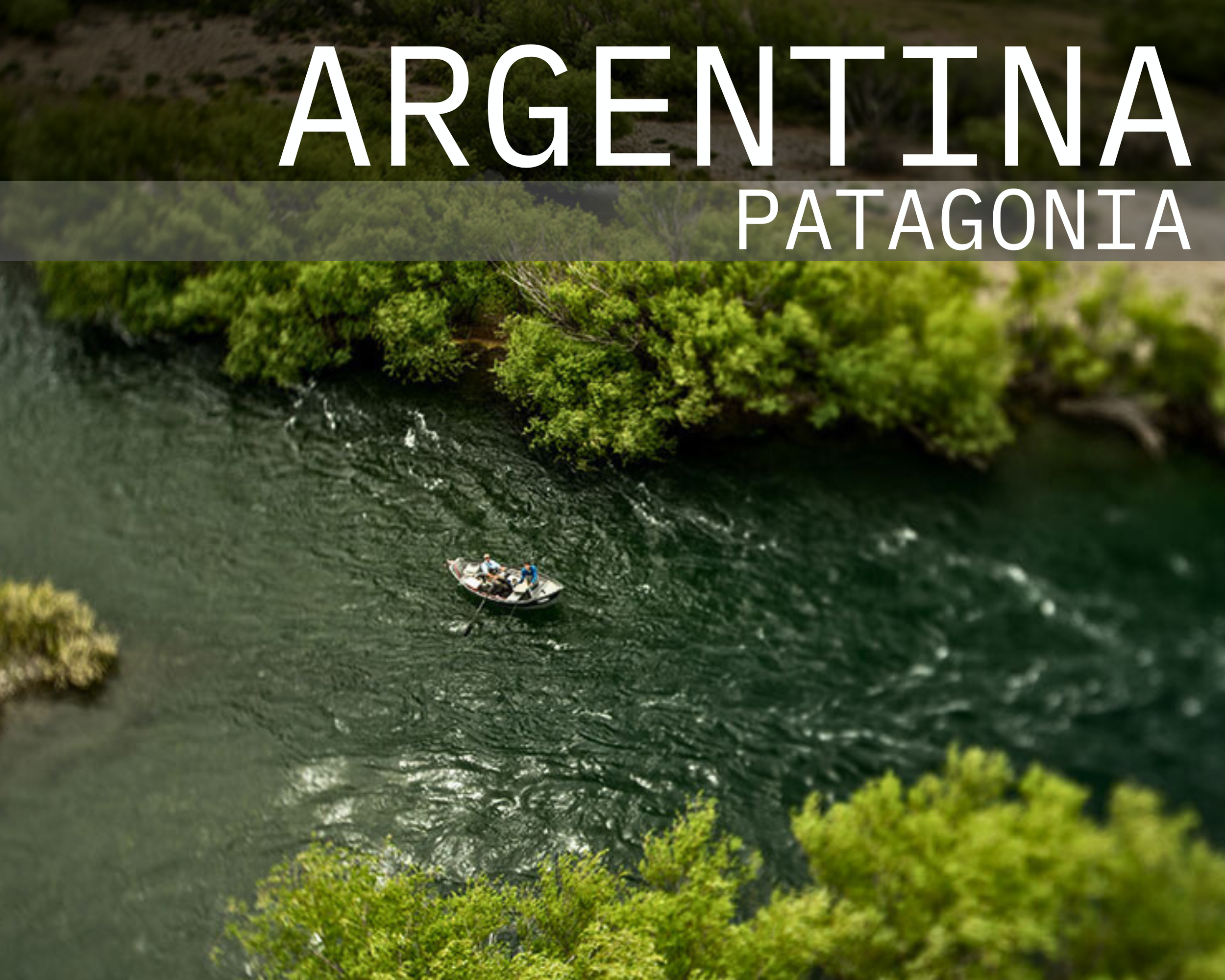 A boat with three people on a river surrounded by green trees in Patagonia, Argentina.