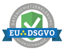 Logo mit Text 'Datenschutzerklärung der EU DSGVO von Dr. Schwenke' und einem grünen Häkchen