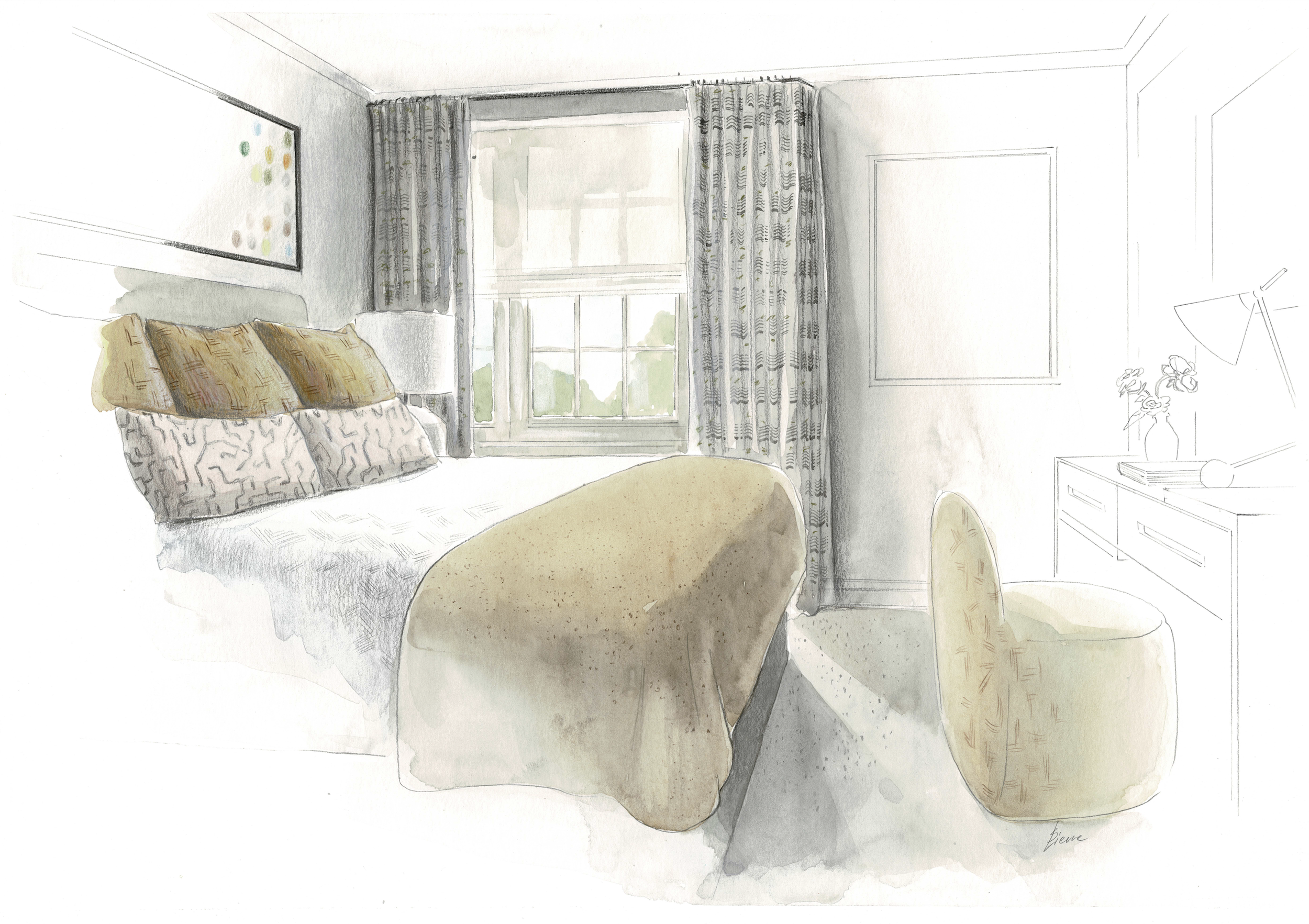 Watercolor sketch of a bedroom featuring a bed with patterned pillows, a bedside lamp, window with curtains, and a chair, with some details lightly outlined and others colored.