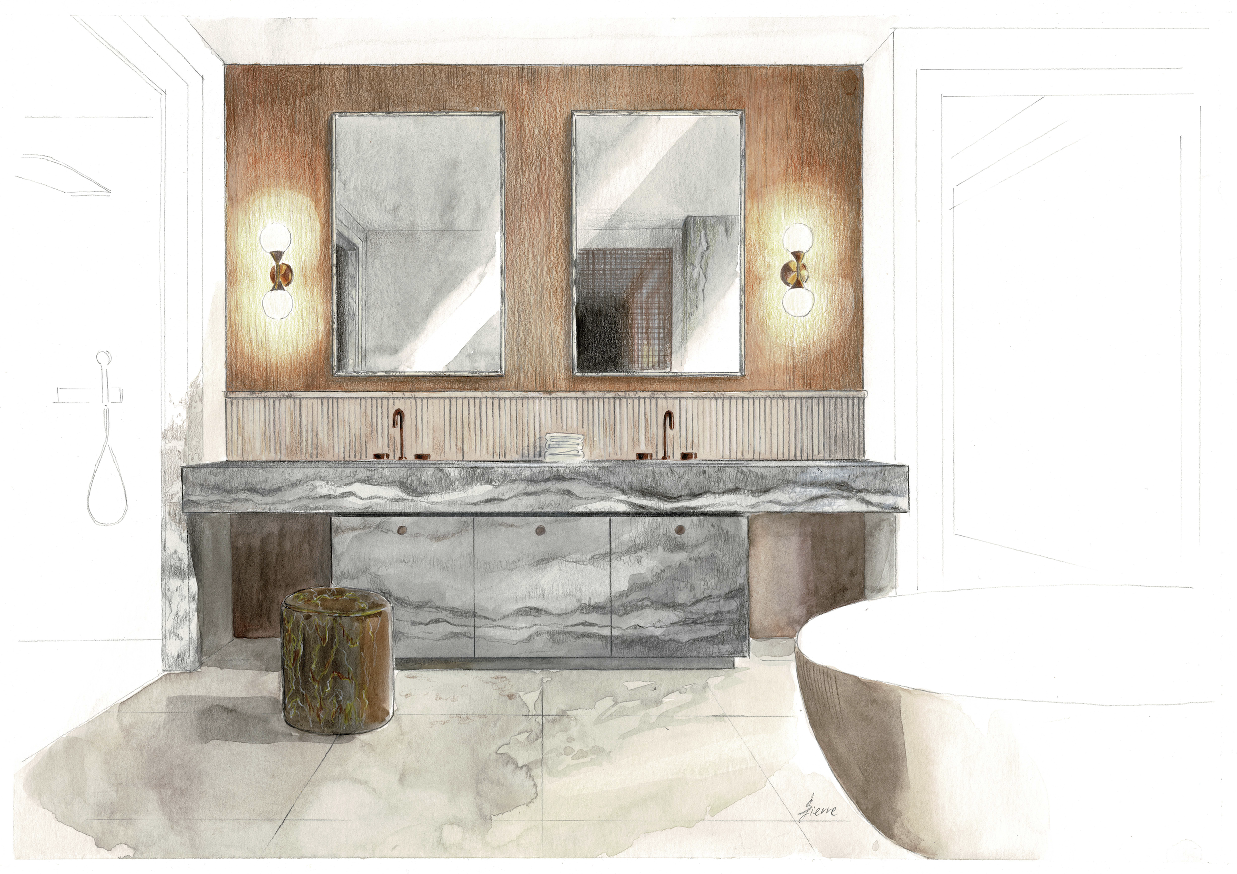 Watercolor sketch of a modern bathroom vanity with a marble countertop, two sinks, and two mirrors on a textured brown wall, illuminated by two wall sconces.