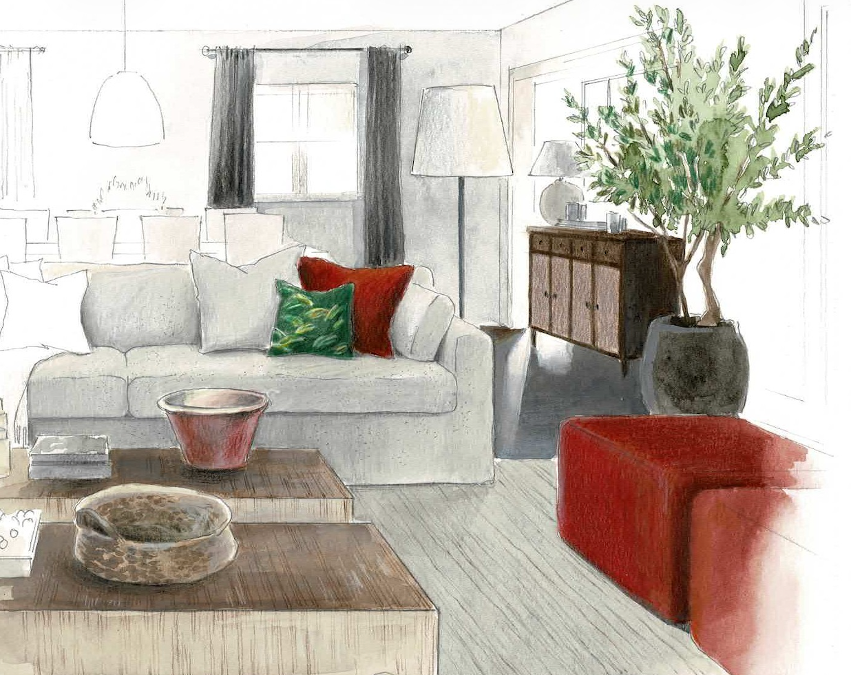 A watercolor painting of a living room with a white sofa, red and green pillows, a wooden coffee table with bowls, a large potted plant, a wooden sideboard, and a window with dark curtains.