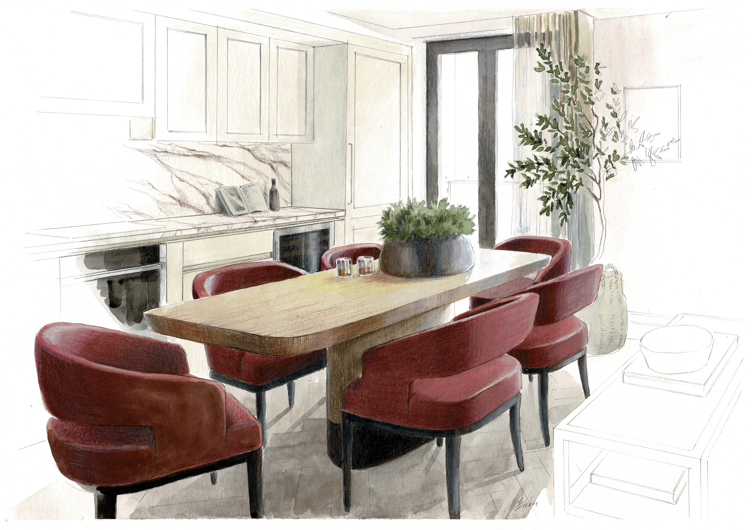 Watercolor illustration of a cozy dining room with a wooden table, six red upholstered chairs, a large potted plant, and a backsplash with a marble pattern. The room has white cabinetry, a door leading outside, and minimal decor.