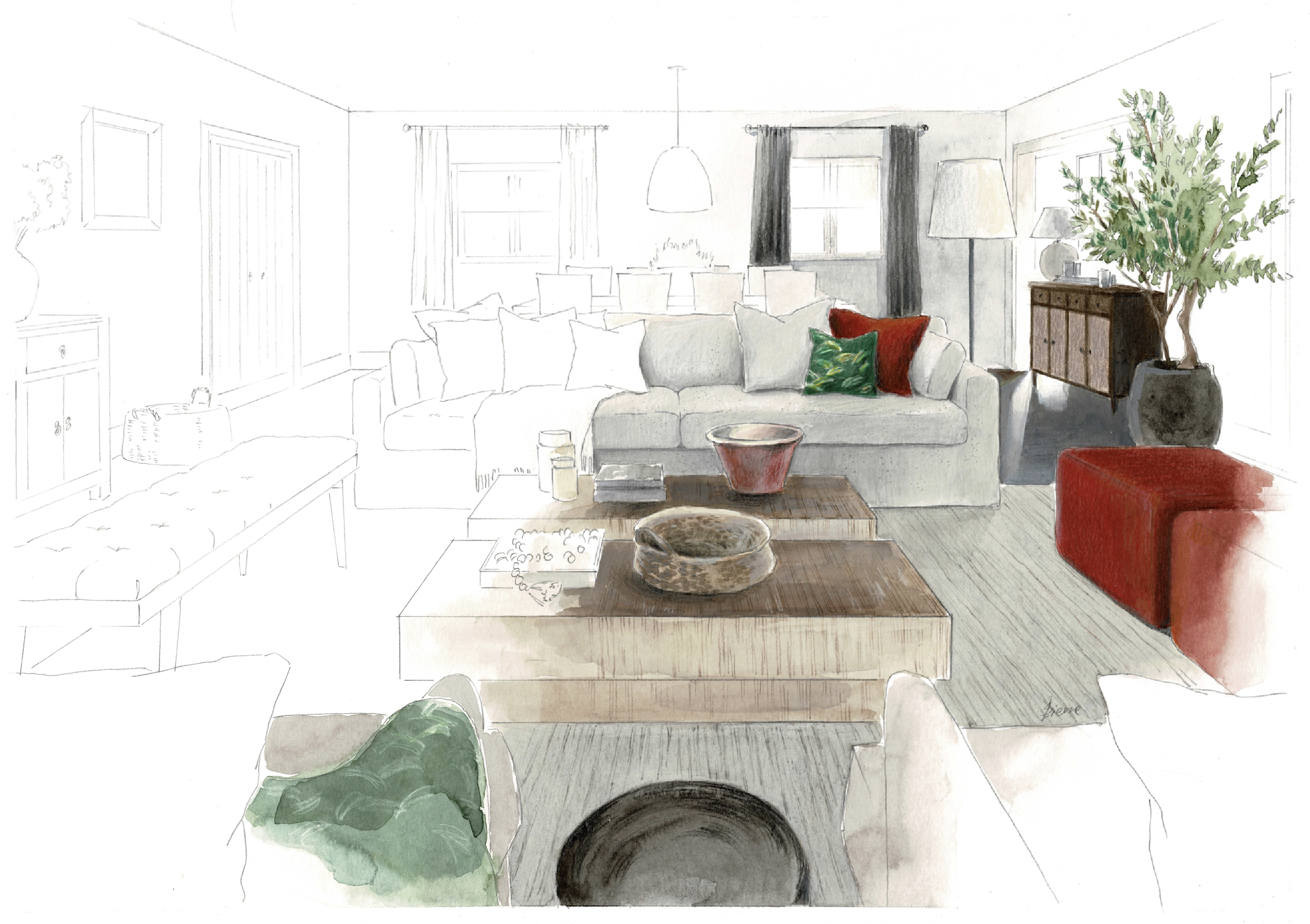 A partially colored watercolor illustration of a cozy living room with a gray sofa and cushions, a red armchair, a wooden coffee table with decorative bowls, a tall potted plant, windows with curtains, and a sideboard with lamps and decor.