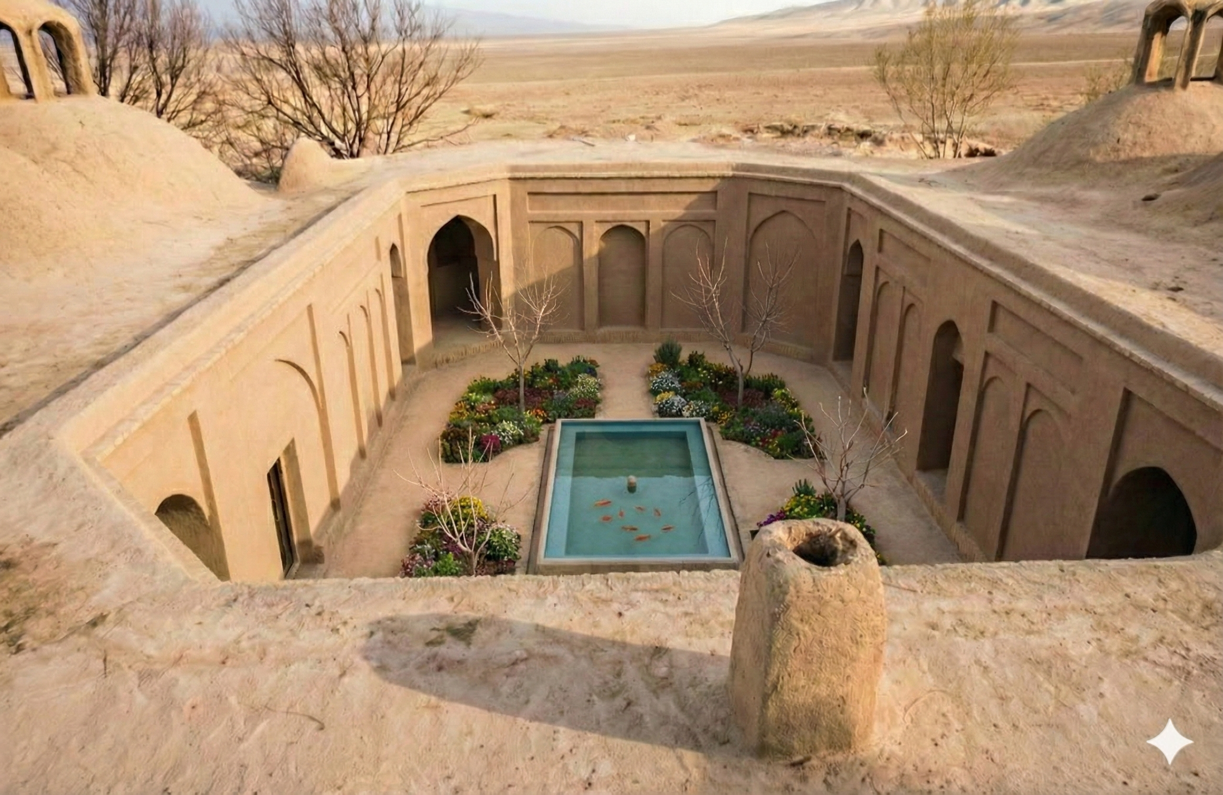 Central Courtyards and Inward Gardens: The Climatic Heart of the Iranian House (حیاط مرکزی و باغ درون‌گرا).