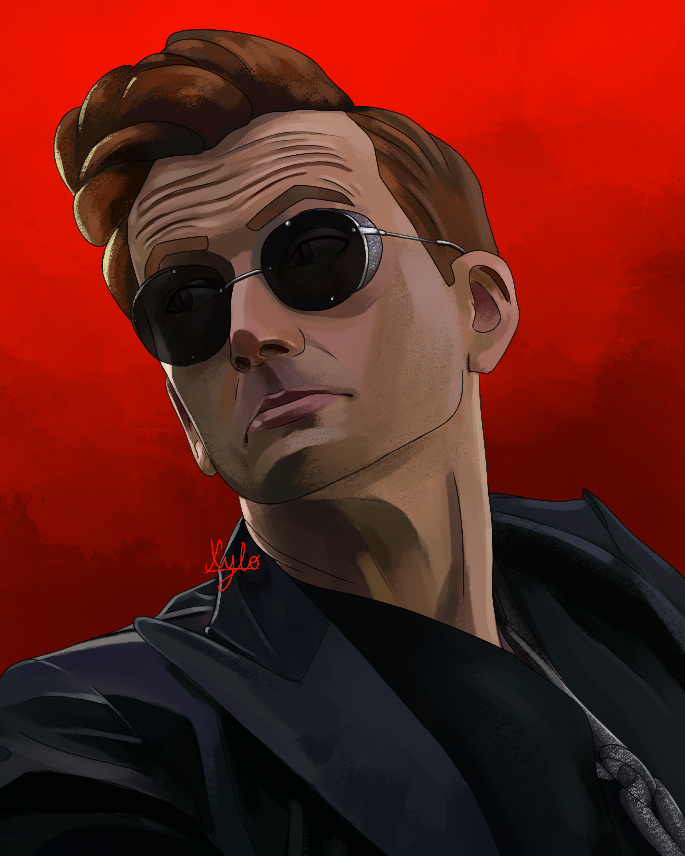 Crowley looing back over his sholder glasses eye in tie red bg sponge gradient.png